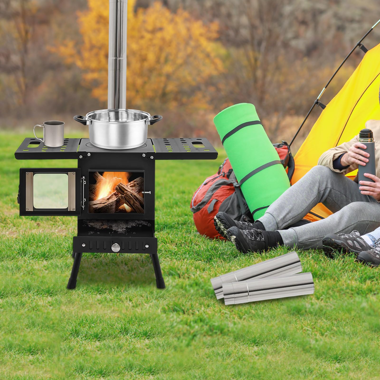 Poêle à bois portable pliable en acier au carbone avec tube de cheminée et fenêtre de visualisation - Pour extérieur, cuisine, jardin, pêche, pique-nique - Hauteur réglable de 36 à 56 cm