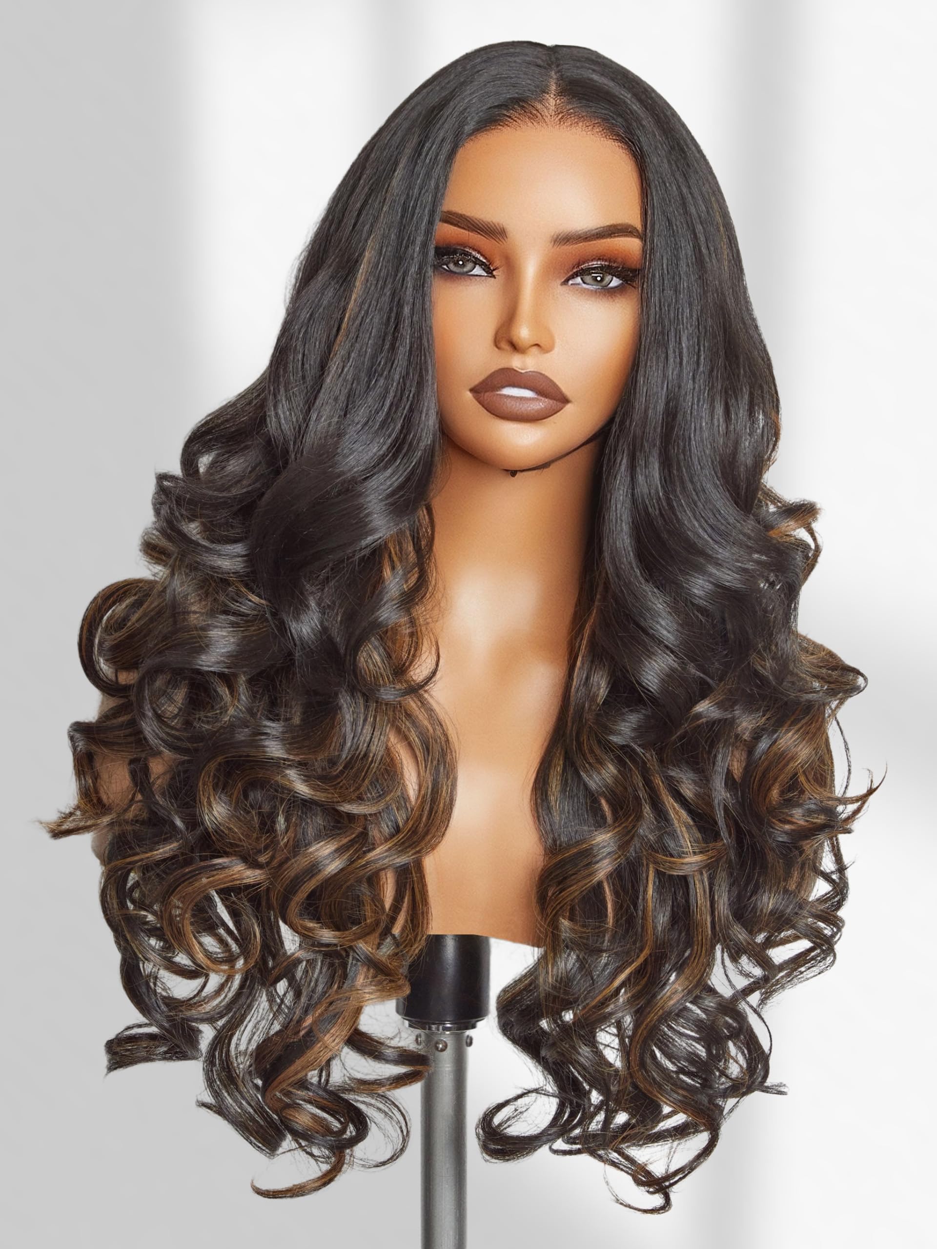 GORGIUS Brown Highlight Loose Body Wave Lace Front Wig Pre Cut Glueless Synthetic Wig Pre Plucked Pre Bleached Middle Part Closure Wig For Women