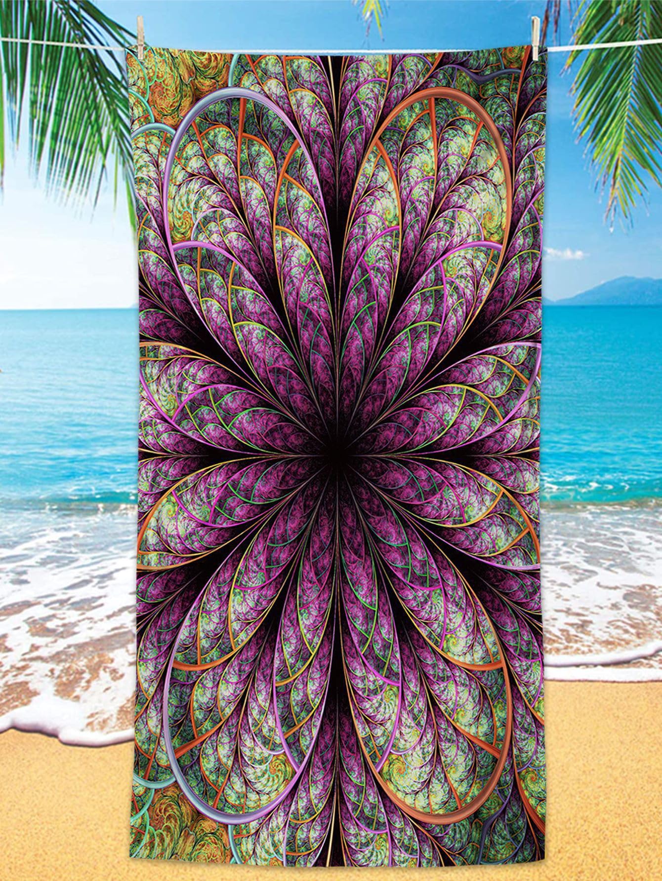 Strandtuch XXL Lila Blumen Mikrofaser Handtuch Beach Towel,Strandlaken,Strandtücher,Picknickdecke wasserdichte Stranddecke, Stranddecke Sandfrei für Strand, Park, Camping, Wandern