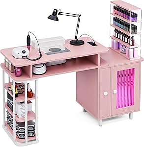 advwin Manicure Table, Nail Desk with LED Light, White, Nail Tech Desk Nail Station w/Dust Collector, Charging Station, Drawers, Cabinet & Acrylic Shelf, Pink