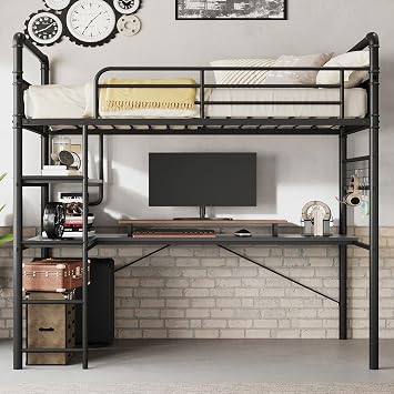 IDEALHOUSE Loft Bed Twin Size with l-Shaped Desk, Metal Bunk Bed with 2 Open Shelves and Decorative Mesh, Twin Loft Bed with 13.4" h Safety Guard & Ladder,No Box Spring Needed,Black