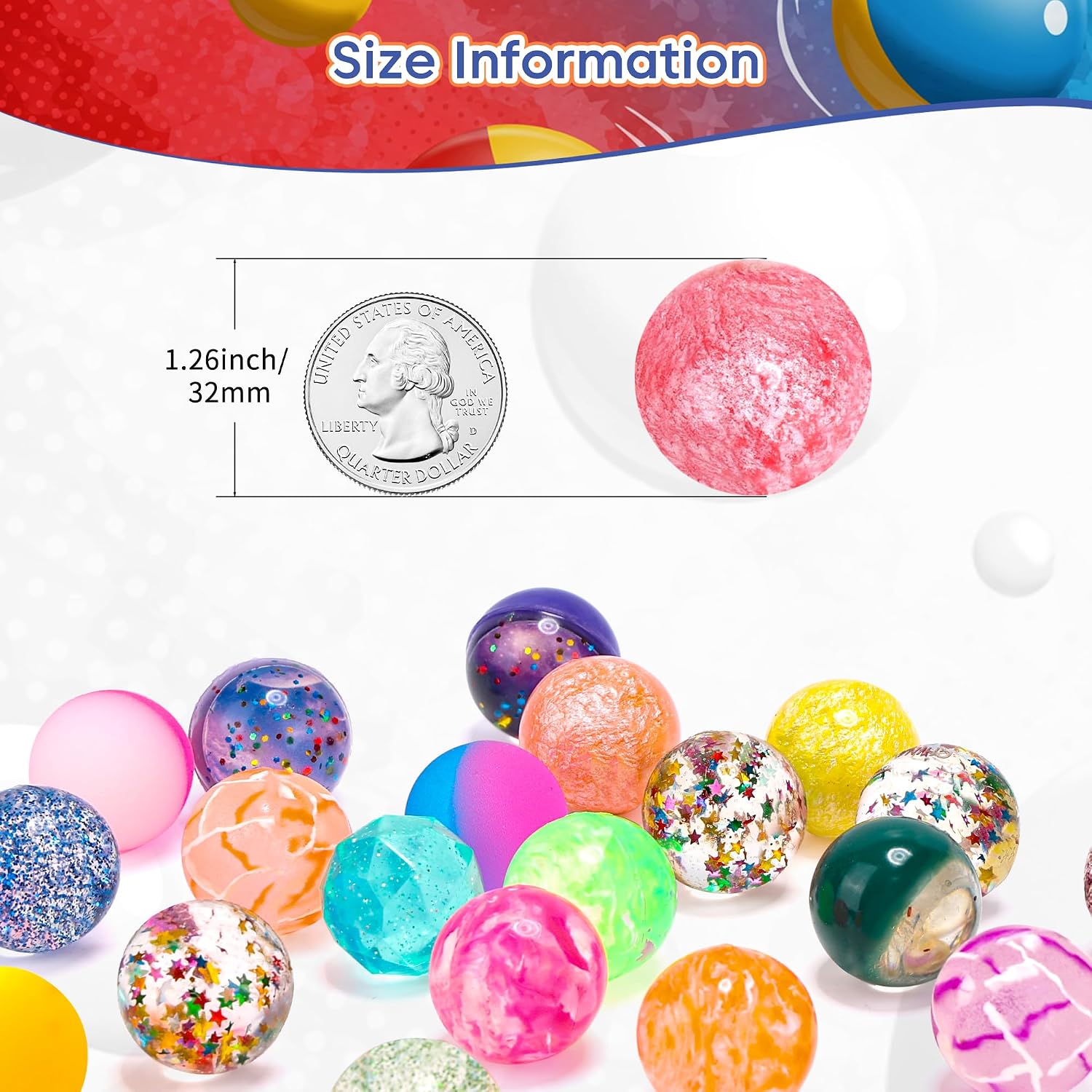 Pllieay 24 Pieces Bouncy Balls, 8 Styles Bouncy Balls for Kid, 32 mm High Bouncing Ball with Storage Bag ffor Kids Party Favors, Space Toys for Kids, Bag Filling