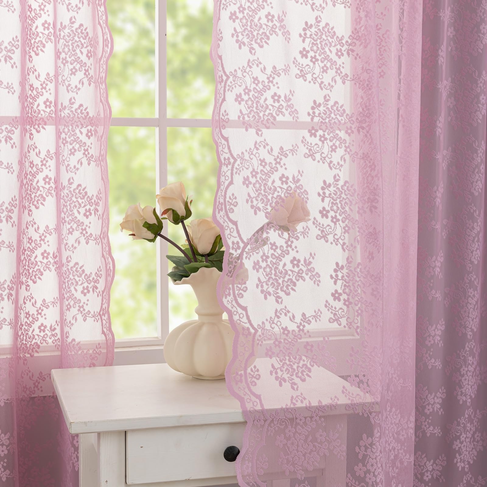 YJ YANJUN Vintage Lace Curtains 84 Inches Long-Victorian Floral Pattern Lilac Sheer Curtain Panels for Living Room Bedroom,Light Filtering, Cute Girls Drapes 2 Panels 52W x 84L Purple Blush