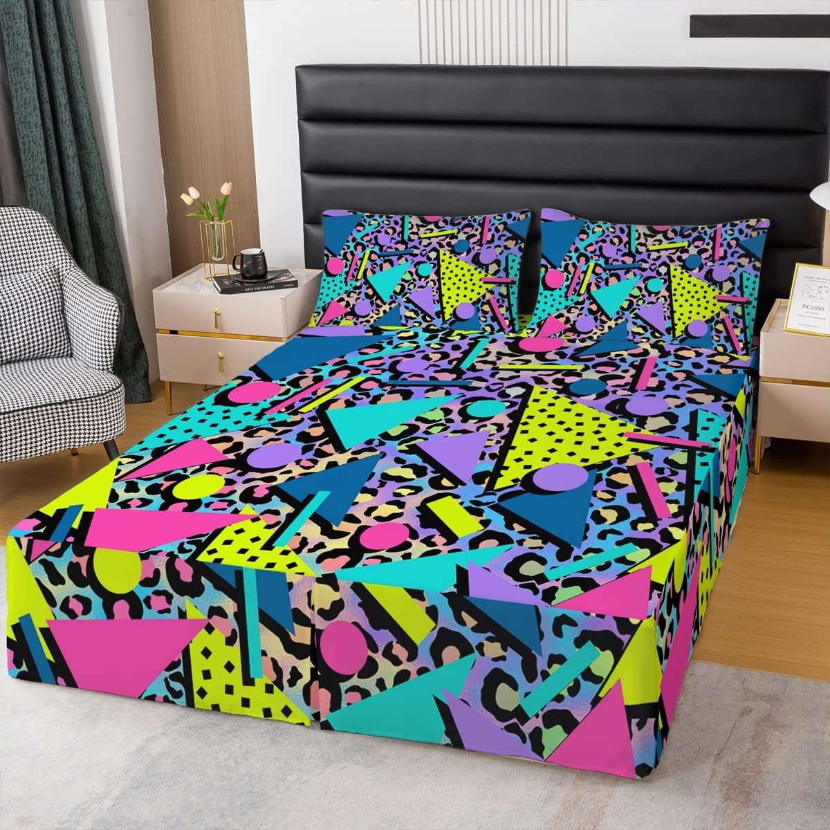 80s 90S Fashion Style Bed Skirt Queen Size,Retro Memphis Style Bedding Decor Geometric Shapes Bed Skirts for Kids Child,Funky Hipster Old Fashioned Bedskirt Geometric Bedroom Decor