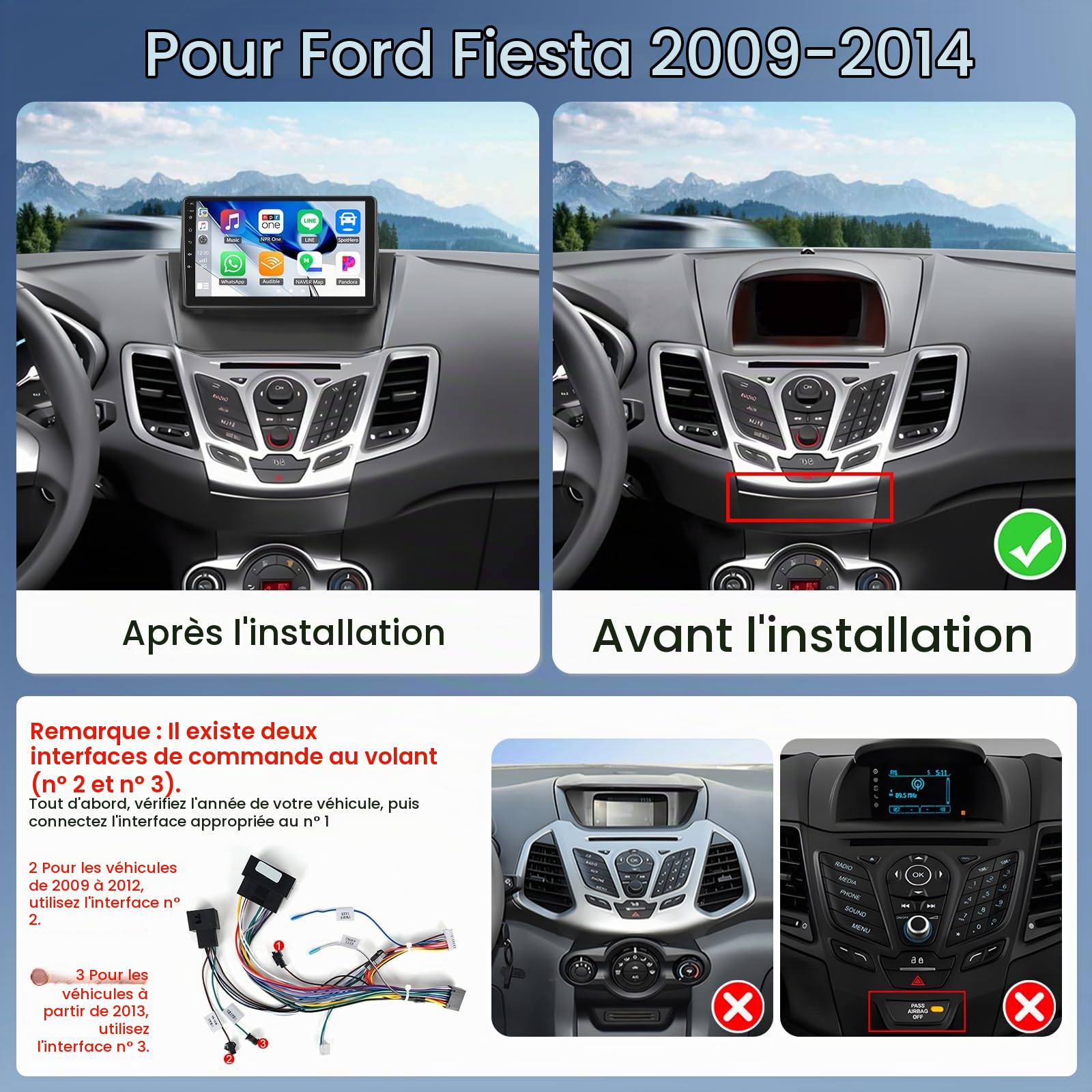 OiLiehu 2G+64G Android 13 Autoradio pour Ford Fiesta 2009-2014 avec CarPlay Android Auto sans Fil, 9“ IPS Écran Tactile Radio avec GPS WiFi Lien Miroir Bluetooth FM/RDS EQ SWC Caméra Arrière