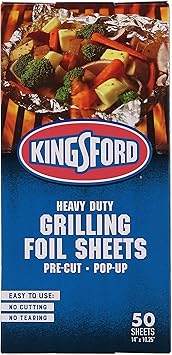 Kingsford Heavy Duty Pop-Up Grilling Foil Sheets, Pre-Cut Aluminum Foil Sheets for BBQ, Smoking, Roasting, Baking and Food Storage, Disposable Food Wrap, No Cutting Needed, 50 Count
