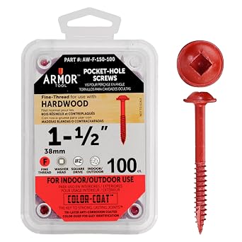 ARMOR TOOL Pocket Hole Screws - 1-1/2" Fine Thread Joinery Screws 100 Pack with Red Color Coat & Square Drive - AW-F-150-100