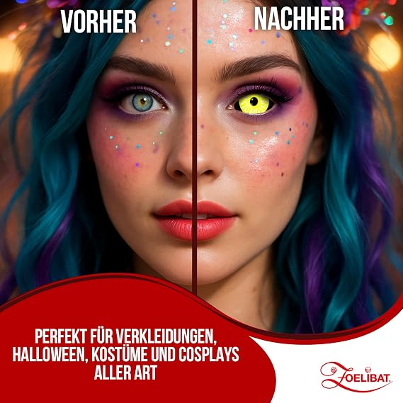 Zoelibat farbige Kontaktlinsen schwarz gelb ohne Stärke Black yellow Eye 1 Paar Linsen für 6 Monate weiche Monatslinsen für Halloween Karneval und Fasching