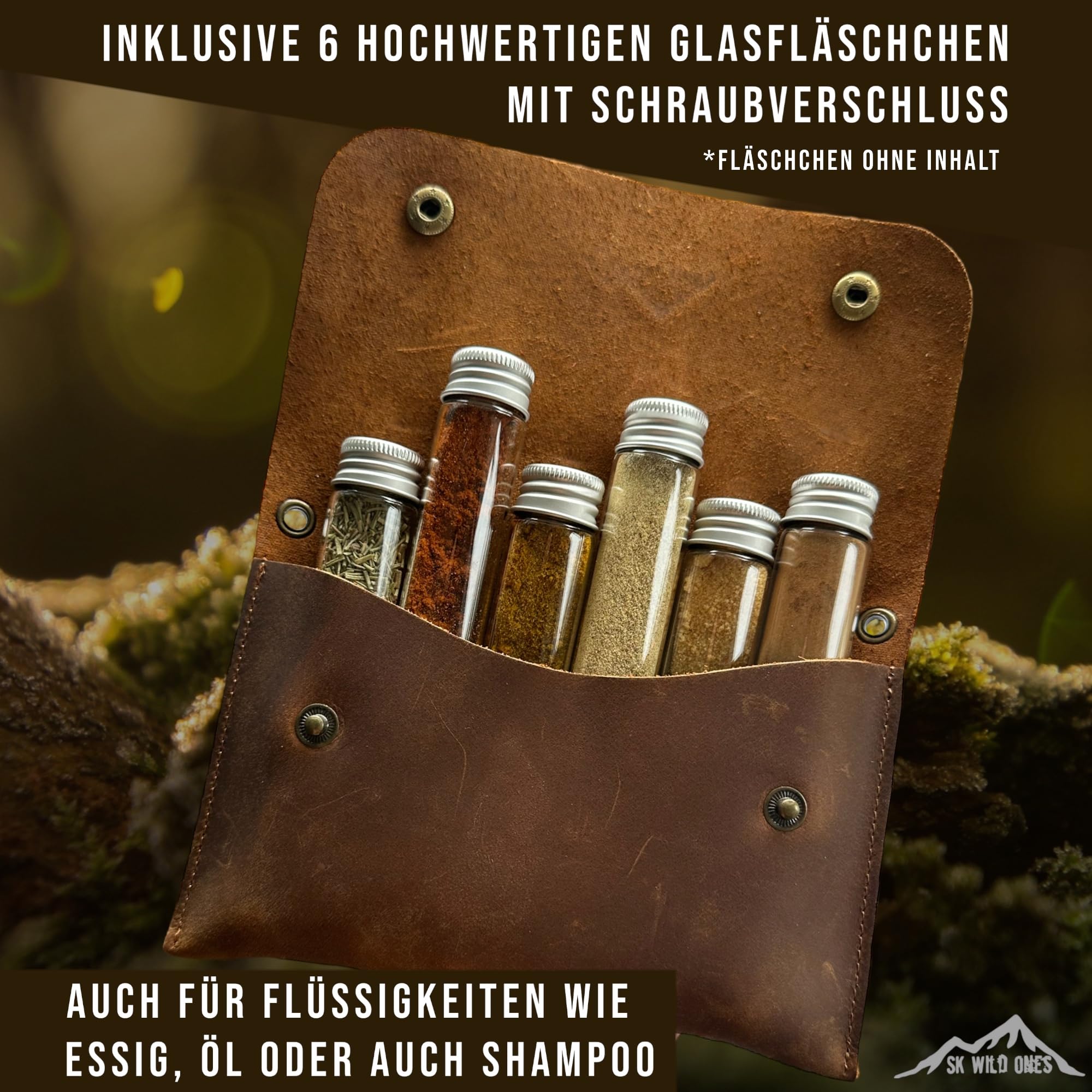 SK Wild Ones® Outdoor Gewürztasche - Echtleder Mit 6 Gewürzdosen Camping - Bushcraft - Reise Gewürze Set - Gewürzbehälter Camping - Outdoor Vanlife zubehör Gewürze Set Camping, Spice Bag,