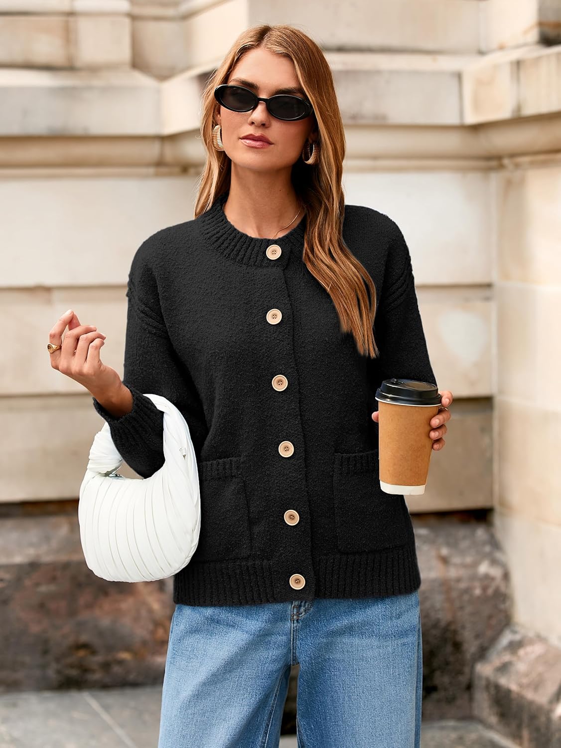 Glamaker Womens Fall Cardigans Sweaters Chunky Button Up Crew Neck Fuzzy Knit Long Sleeve Open Front Sweater Jacket - Image 6