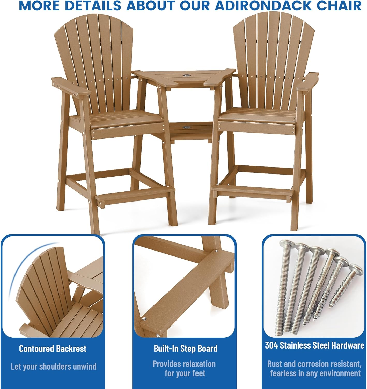 FOOWIN Tall Adirondack Chair Set of 2, All Weather HDPE Bar Height Adirondack Chair with Double Connecting Trays, Adirondack Barstools for Balcony, Deck, Backyard, Patio, Garden, Teak