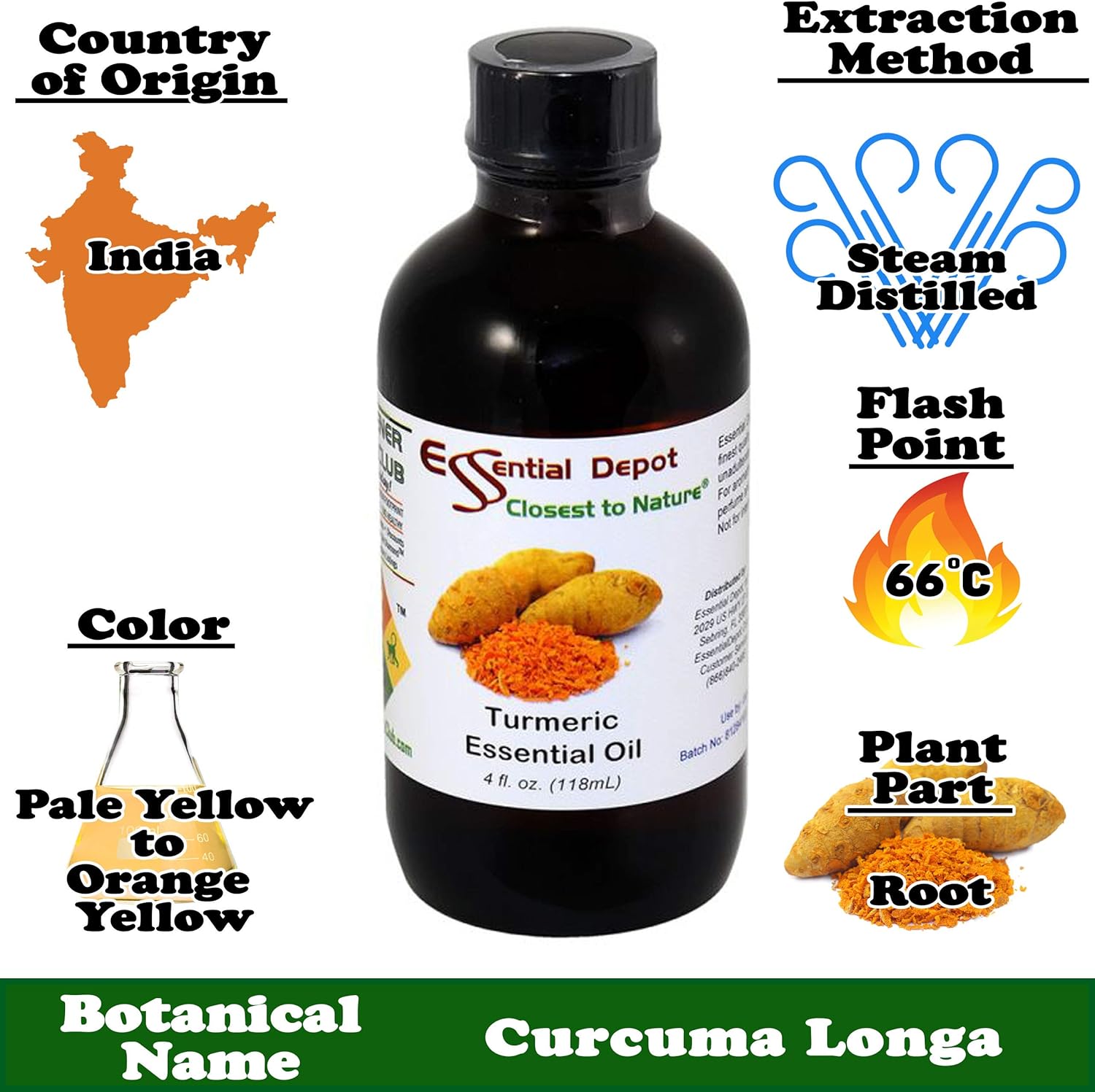 Essential Depot Turmeric Root Essential Oil - GC/MS Tested - Supplied in 4 oz. Amber Glass Bottle with Black Phenolic Cone Lined and Safety Sealed Cap