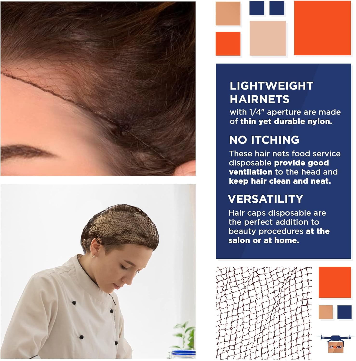 EZGOODZ Disposable Hair Net 22 Inch. 1440 Pack Dark Brown Nylon Kitchen Hair Nets Food Service Disposable. 0.25 Inch Aperture Breathable Disposable Hair Cap. Disposable Surgical Cap with Elastic Band