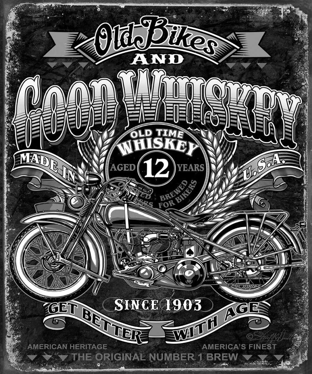Desperate Enterprises Good Whiskey Old Bikes And Tin Sign - Nostalgic Vintage Metal Wall Décor - Made In Usa