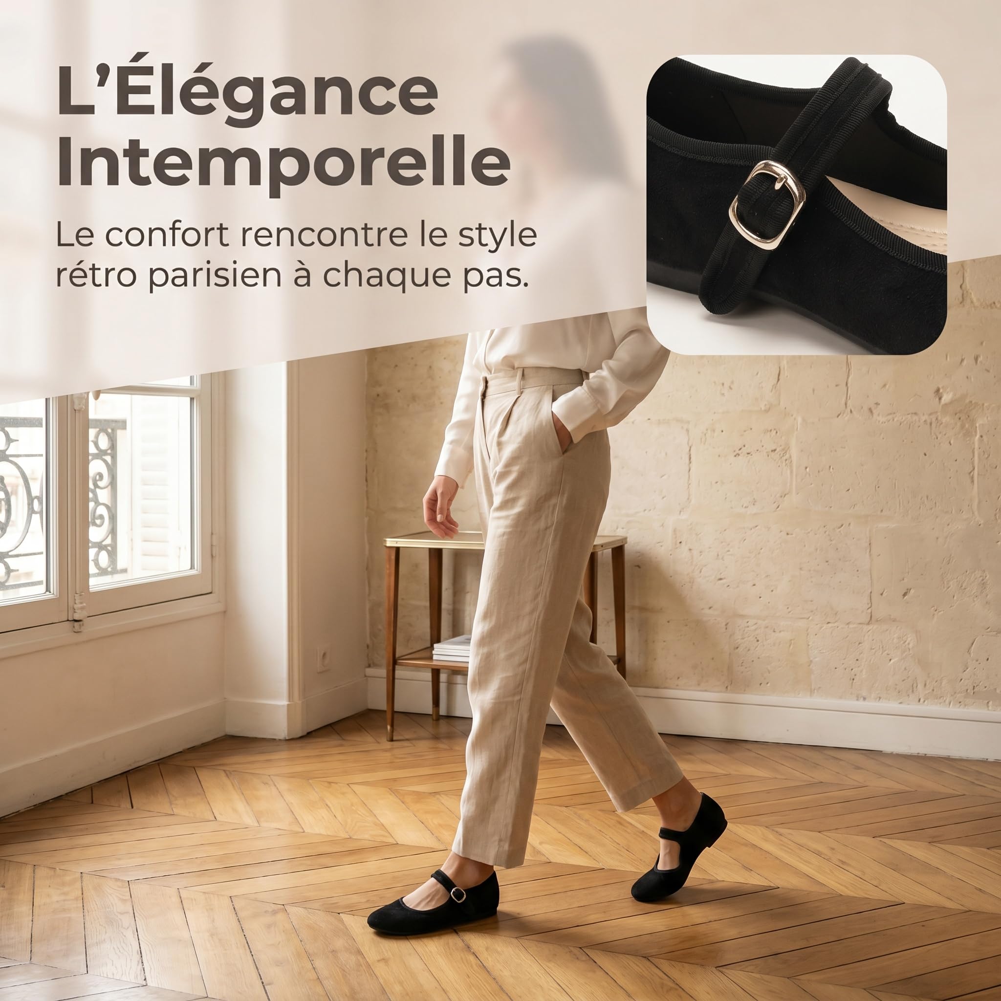 GLAMORA Mary Janes Femme Ballerines à Bride Chaussures Plates Confort Élégantes Bout Rond Bride Réglable Semelle Souple Antidérapante Style Classique Léger Chaussures Femme Quotidiennes