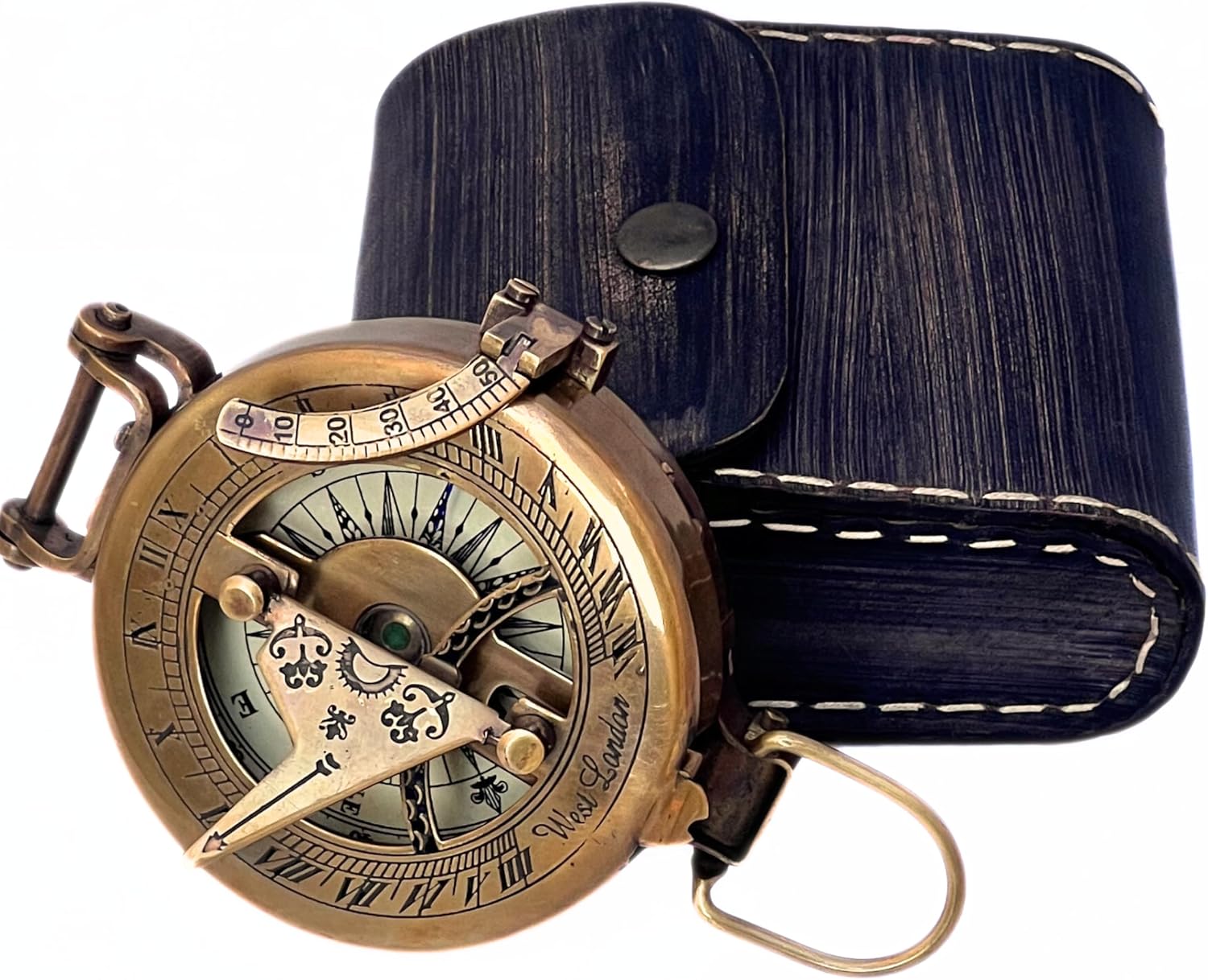 Antique Brass Sundial Compass with Leather Case Vintage Nautical Navigation Tool Collectible Gift for Travelers Adventurers and History Enthusiasts