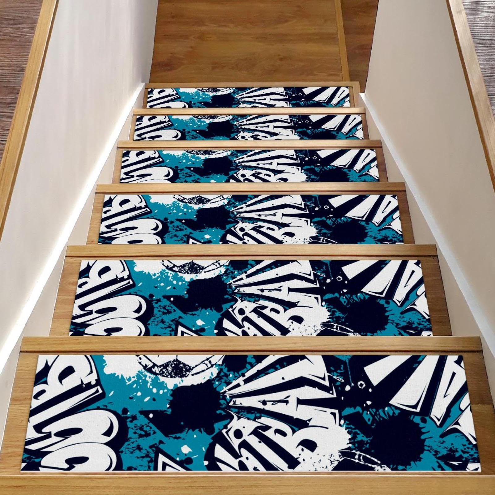 Alfombras para escaleras de madera: 15 peldaños antideslizantes fútbol azul