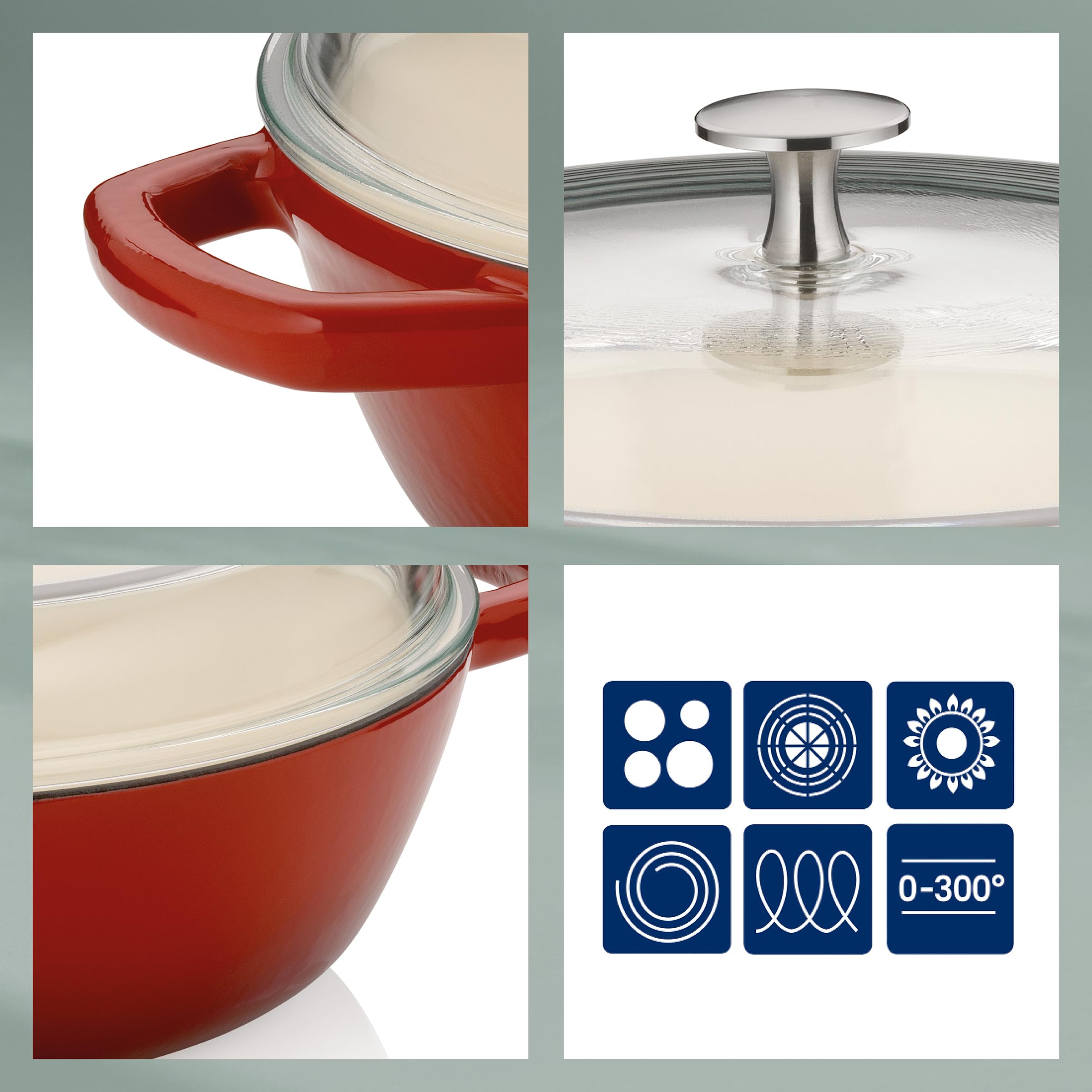 kela Sartén para guisar CALIDO de 28 cm con borde alto, sartén de hierro fundido para inducción con tapa de cristal de 3,8 l, sartén de hierro fundido esmaltado, rojo
