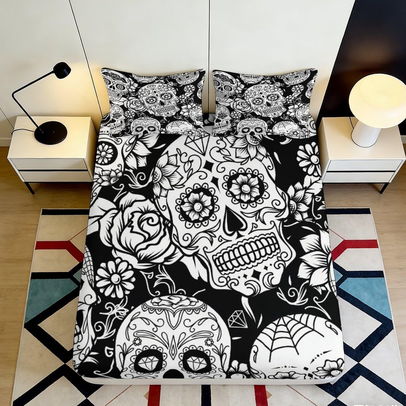 3D Printed Sugar Skull Fitted Sheet Microfiber Black Floral Mattress Cover for Bedroom Guest Room Dorm Decor 120x200x25cm