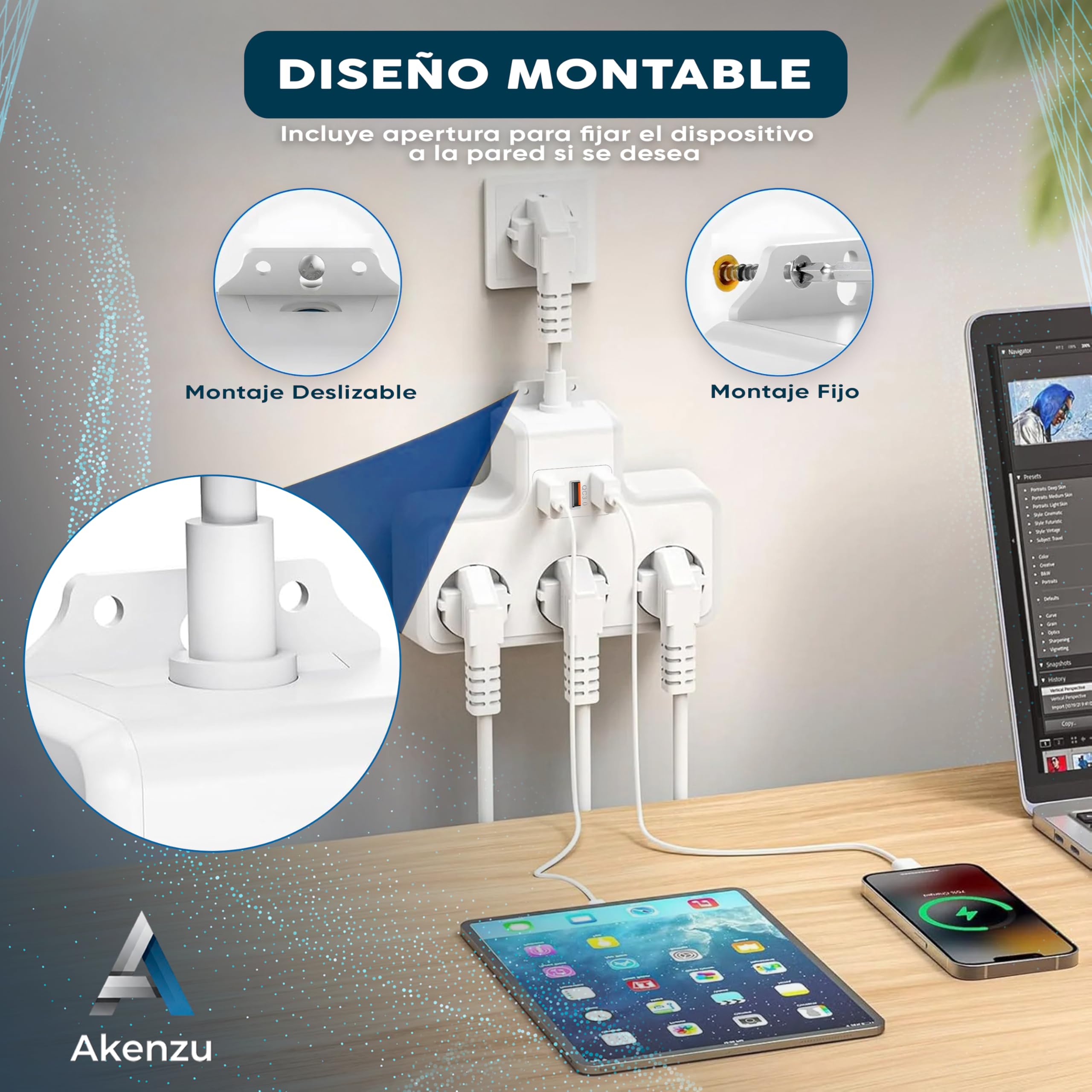 AKENZU©—Regletas para Enchufes Modulares 6 en 1 | Enchufe Multiple | Regleta De Enchufes Proteccion Sobretension | Ladron para Enchufes Plano con USB/USB-C | Enchufe con Interruptor para Pared—Blanco — view 5