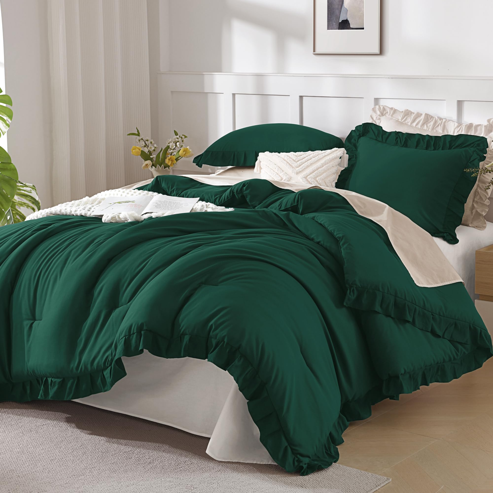 Andency Oversized King Ruffle Comforter Set 120x120, 3 Pieces Dark Green Lightweight Fluffy Super King Bedding Set, Shabby Chic Famhouse All Season