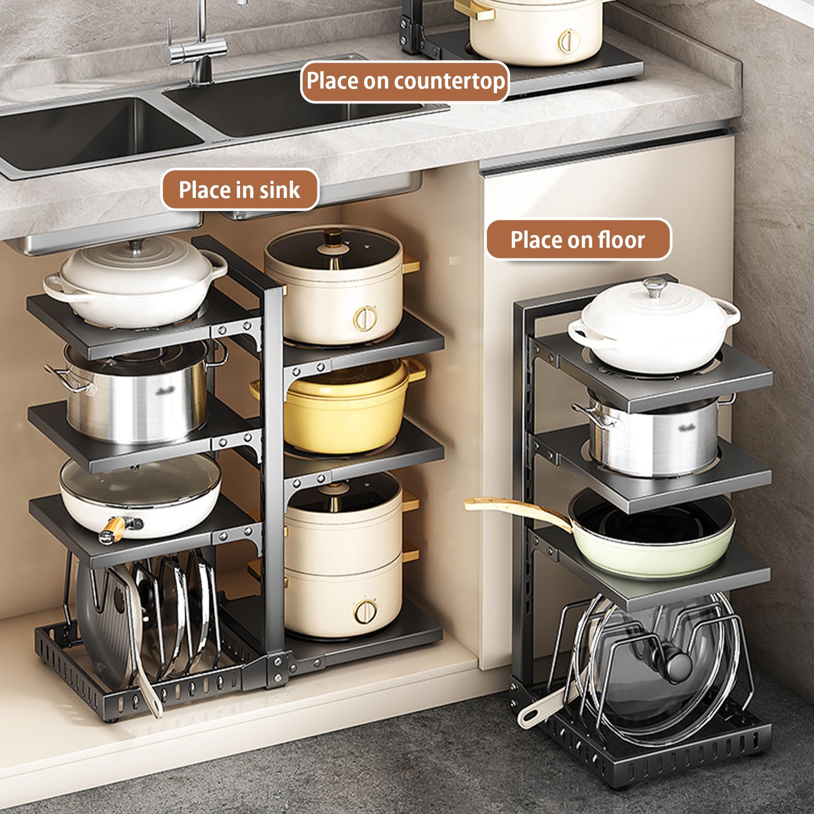Estante ajustable para debajo del gabinete, organizador de cocina para ollas y sartenes, solución de almacenamiento que ahorra espacio para ollas grandes, diseño gris de 5º piso