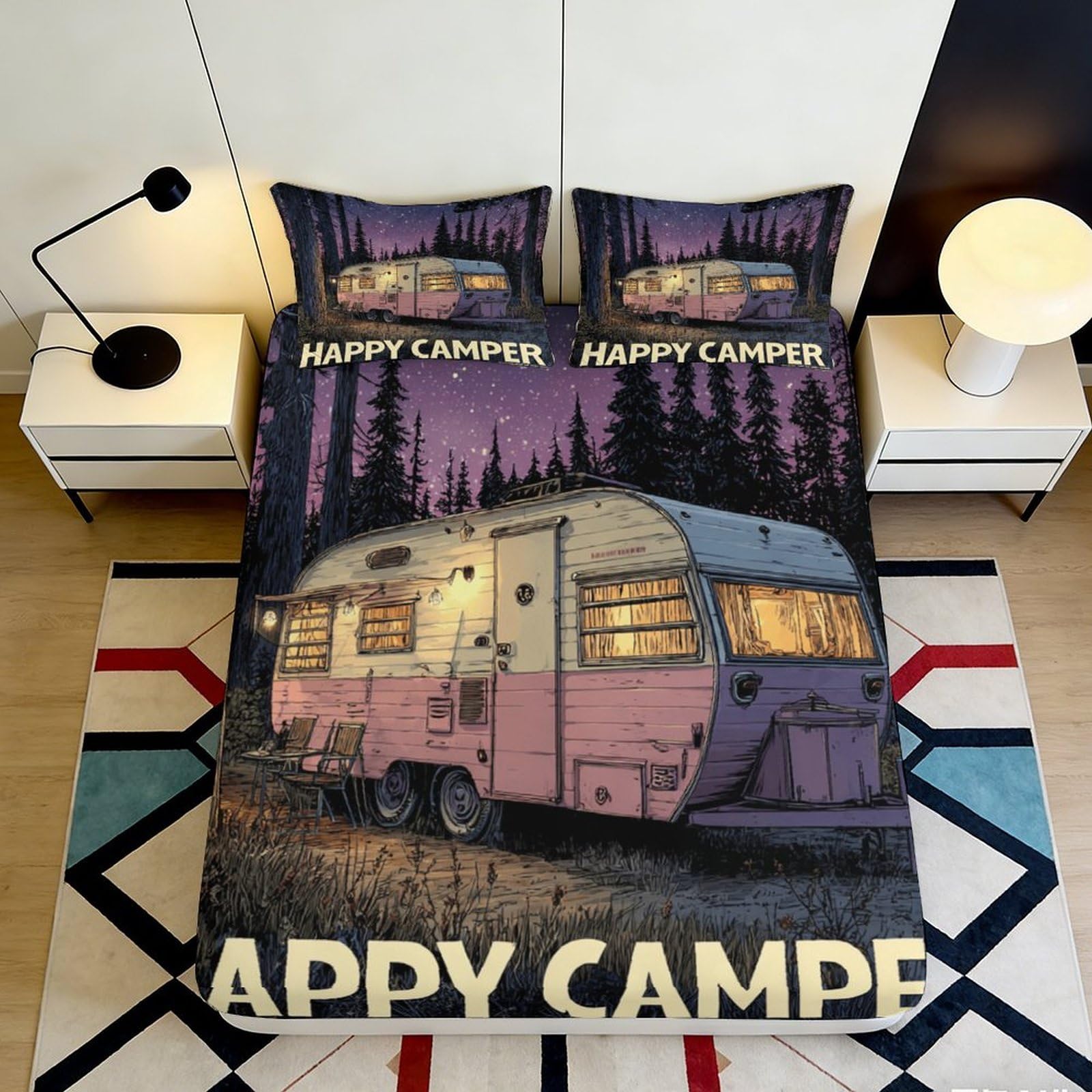 3D Printed Happy Camper Fitted Sheet Microfiber Soft Breathable Night Sky Bed Cover for Bedroom Dormitory Guest Room Mattress Protection 120x200x25cm