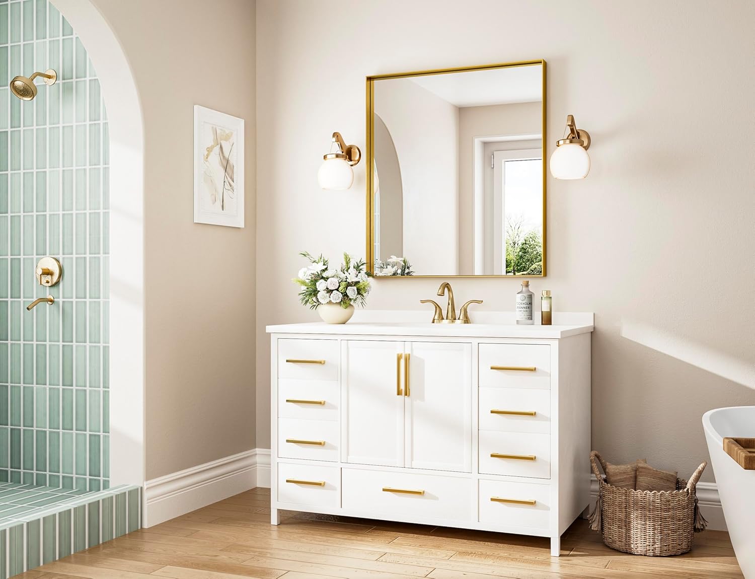 Keonjinn 30 x 36 in Brushed Gold Bathroom Mirror for Over Sink Metal Framed Rectangular Wall Mirror Shiny Gold Mirror for Vanity Aluminum Alloy Brass Gold Rectangle Mirror (Horizontal/Vertical)