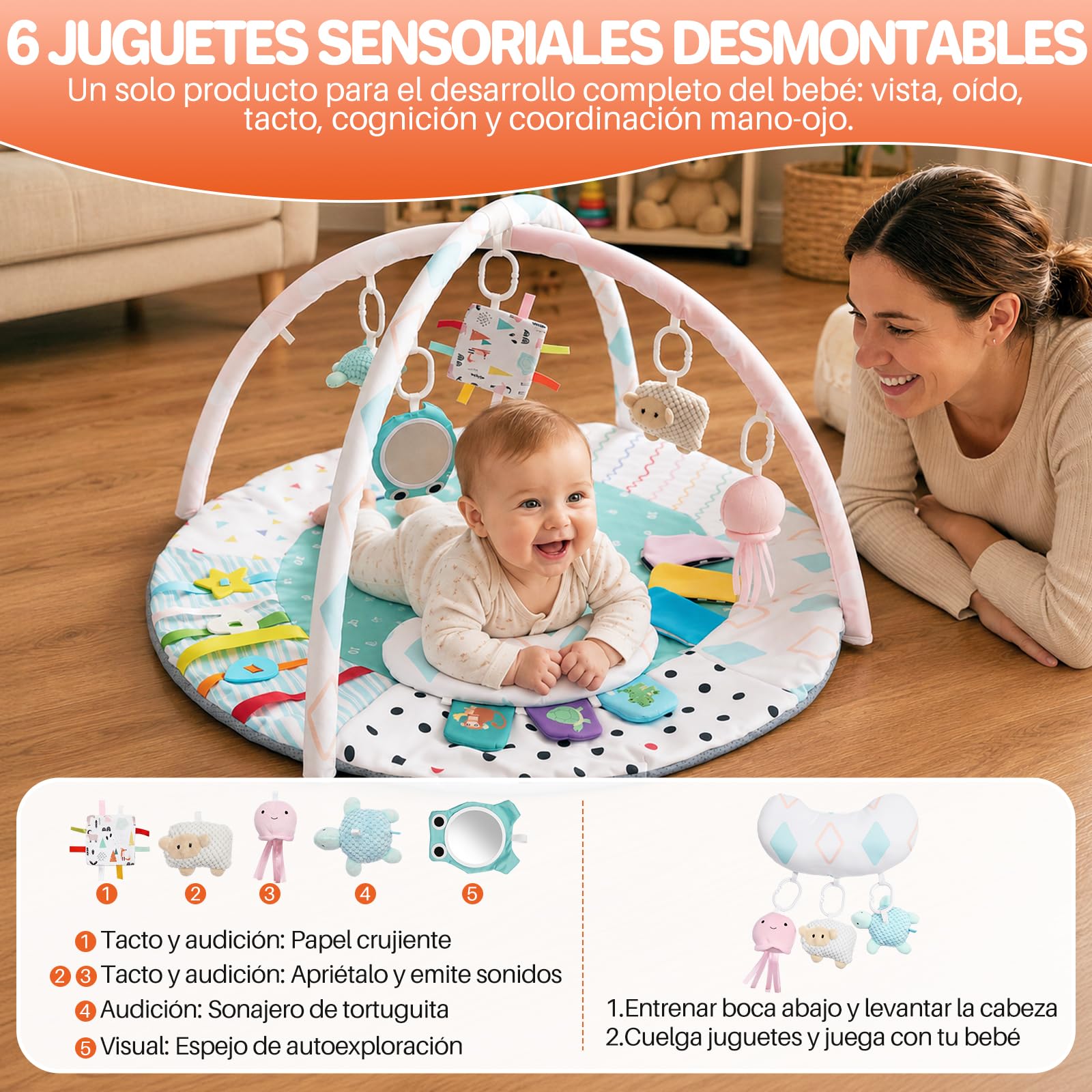 FUNYKICH Gimnasio para Bebé 0-18 meses con Alfombra Antideslizante | 95x95x52cm, 5 Juguetes Colgantes+Espejo+Almohada, Lavable a Máquina, Regalo para Recién Nacido, para Desarrollo Cerebral