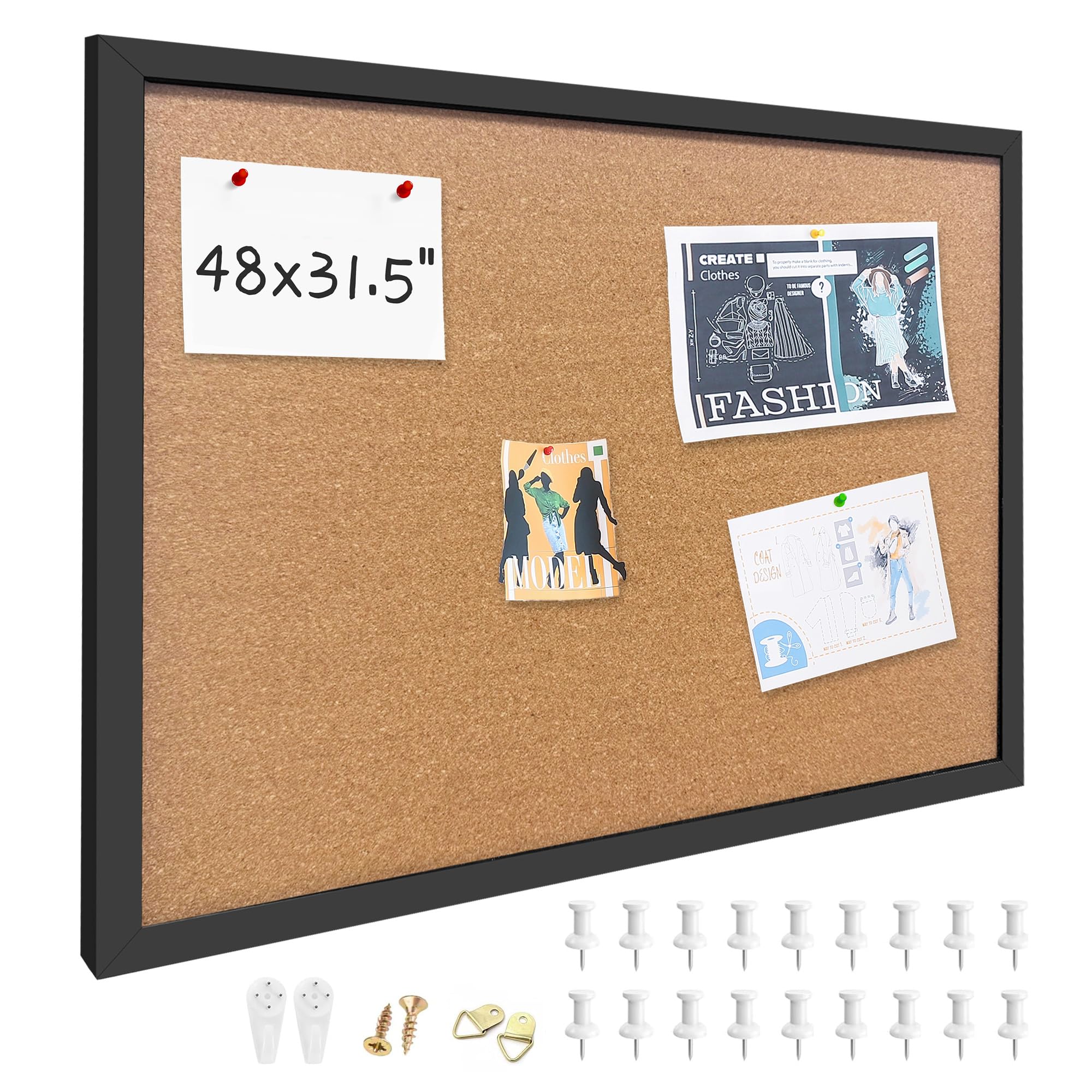 31.5"x48" Black Wood Framed Hanging Cork Bulletin Board
