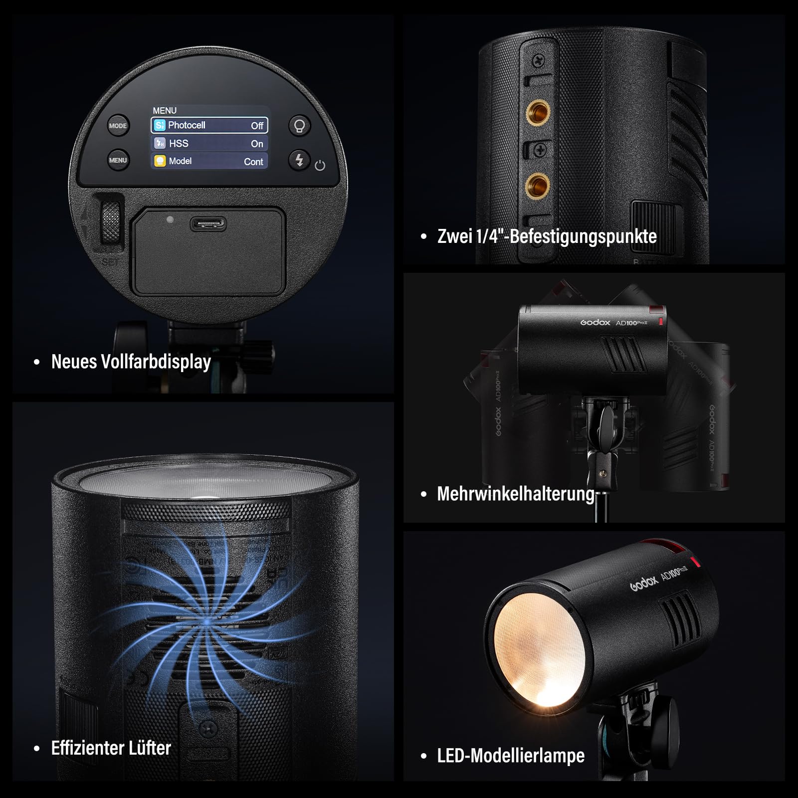 GODOX AD100ProII Flash Kit 100Ws 2.4G Wireless HSS 1/8000s USB-C Ricarica 2850mAh Batteria LED