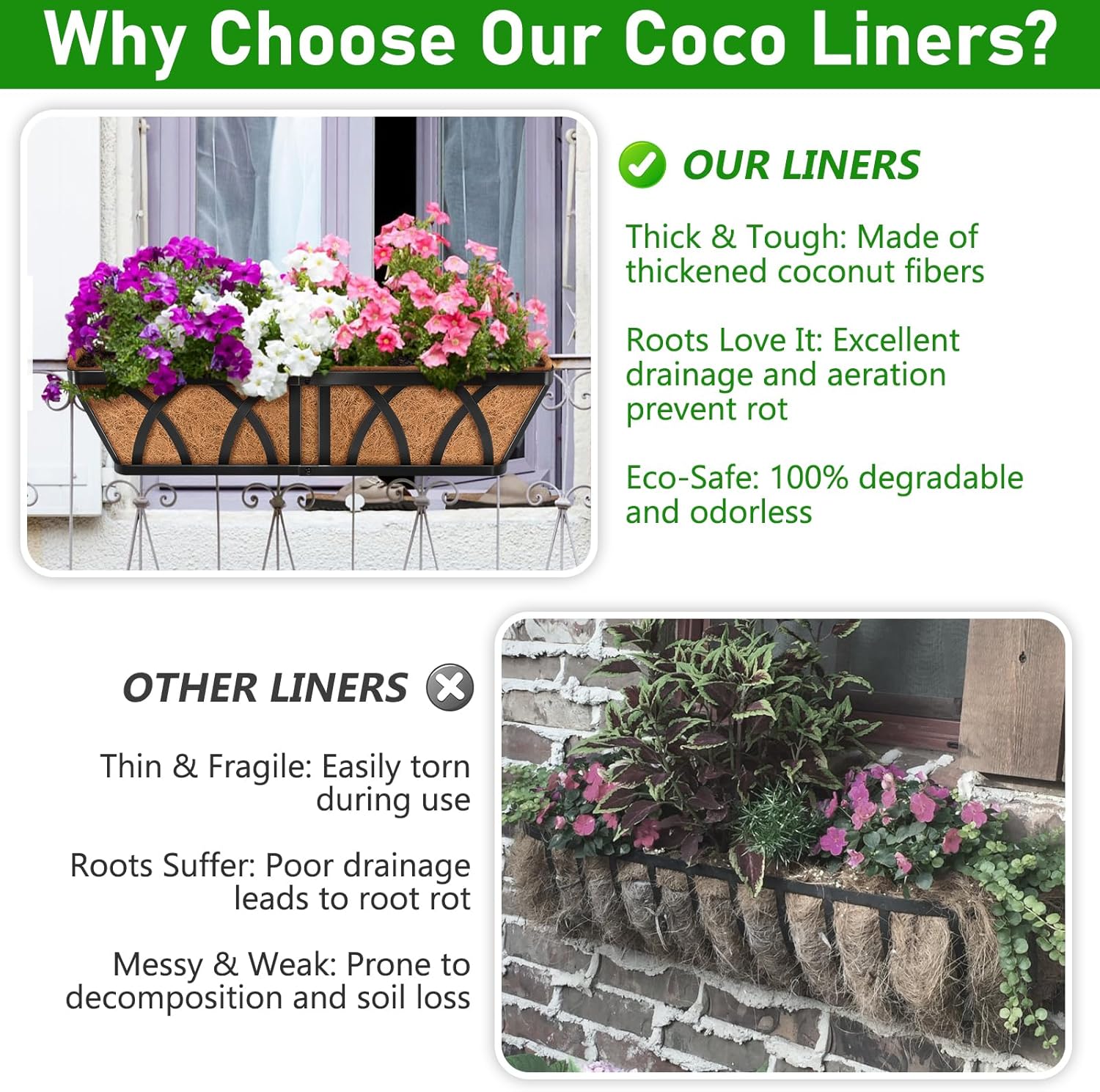 Riare 4 Pack 24 Inch Rectangle Coconut Liners for Planters, Natural Coconut Fiber Planter Liners, Window Box Liner Trough Coco Liner for Outdoor Flower, Garden Wall, Deck & Fence Planter Boxes