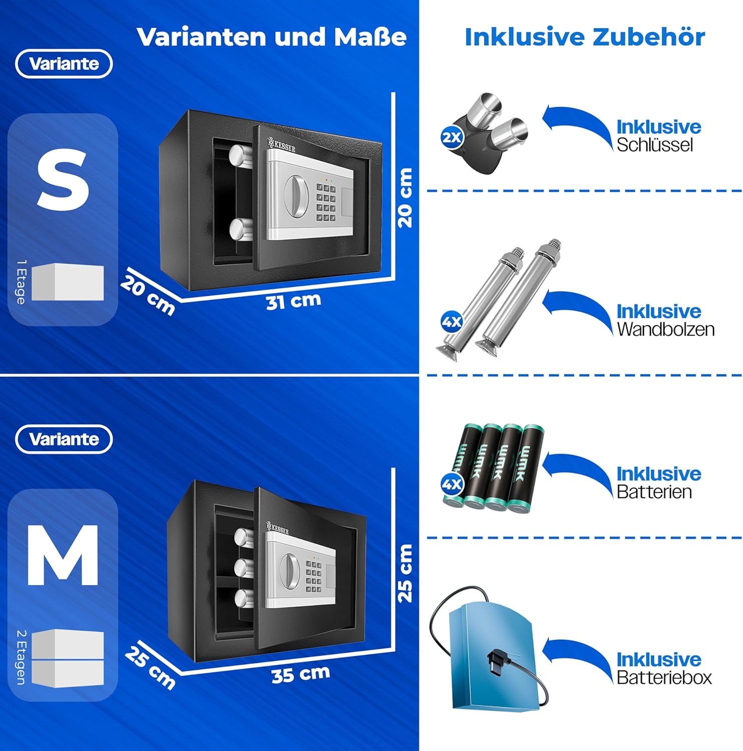 KESSER Electronic Safe | 35 x 25 x 25 cm | With Battery Box | Electronic Safe | 3 x Double Bolt Lock | Floor Wall Safe | Furniture Safe | Lighting