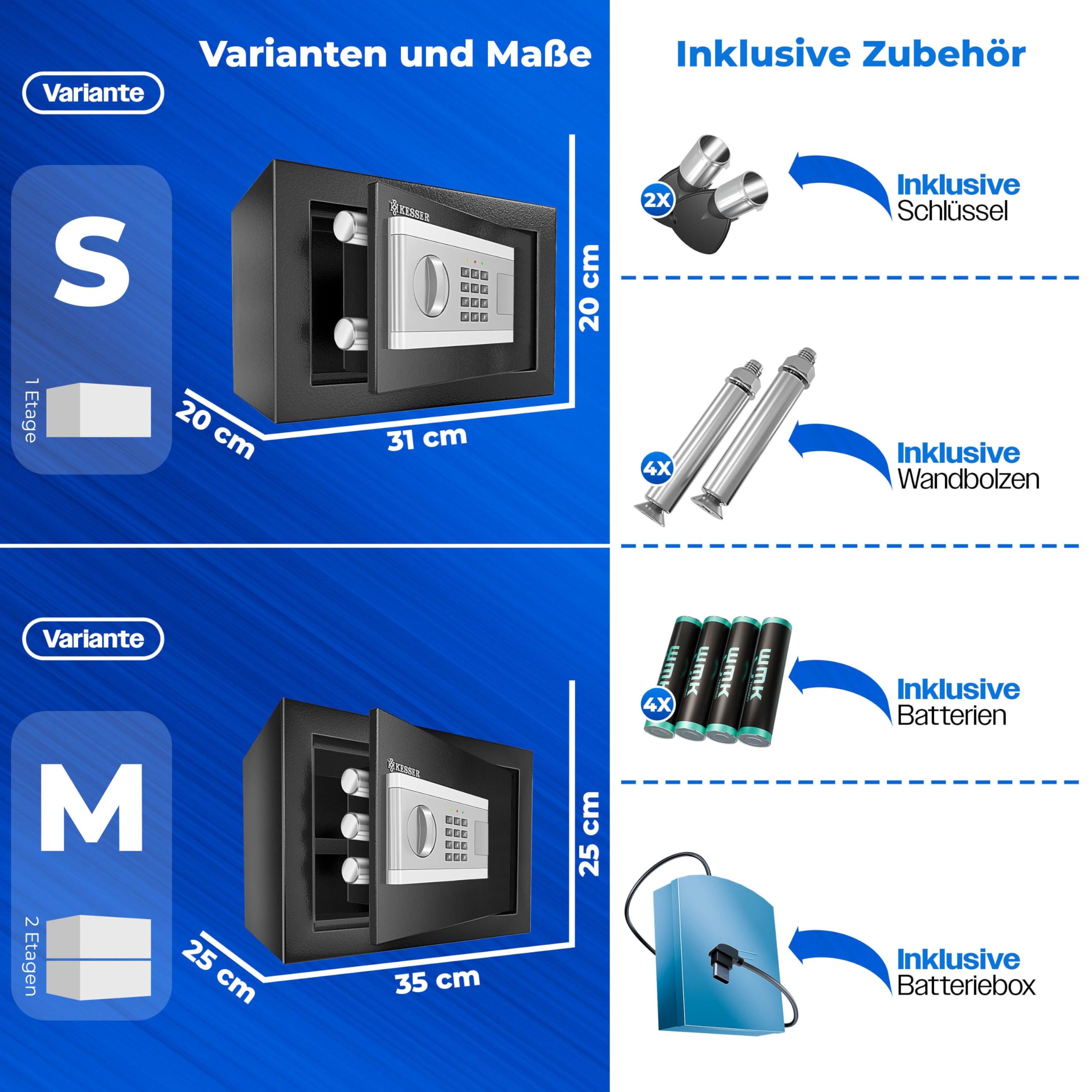 KESSER Elektroniczny sejf cienny | 31 x 20 x 20 cm | 3 x podwjna blokada bolca | owietlenie wewntrzne | szafka pancerna