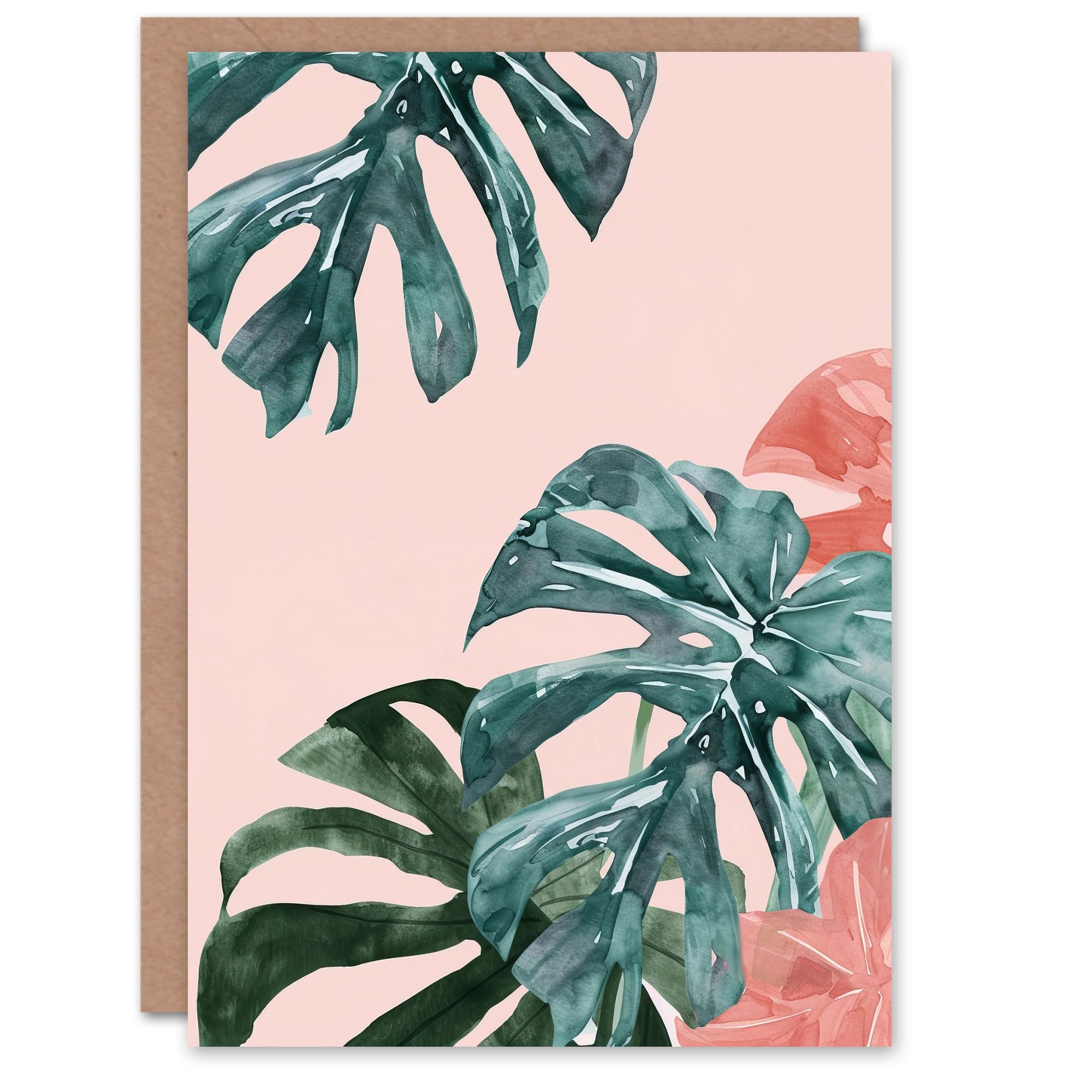 Artery8 Greeting Card Monstera Leaves Pink Watercolour