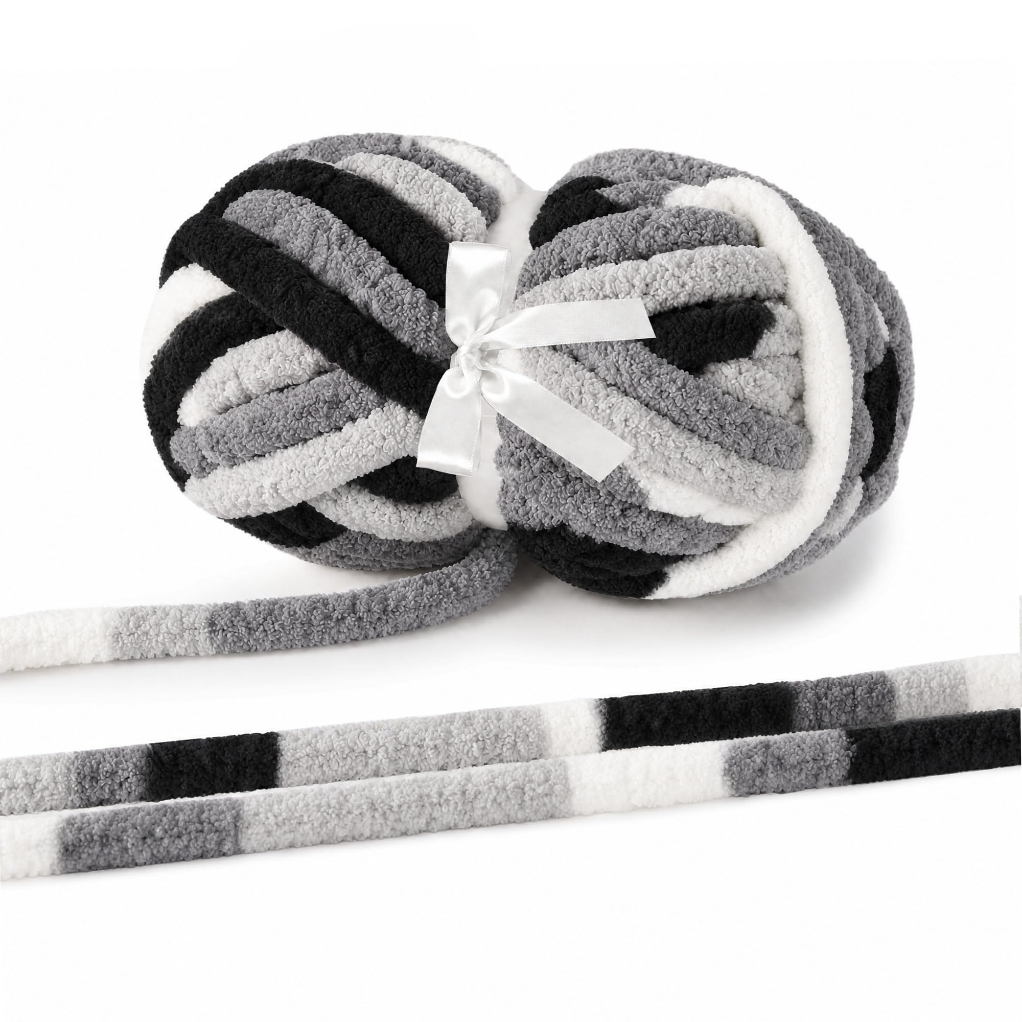 Chunky Chenille Yarn, Super Soft Fluffy Jumbo, 226g Skein, 24m Length, 2cm Diameter, for Hand Knitting and Crocheting, Blankets, Home Decor (1, Black & Grey & White)
