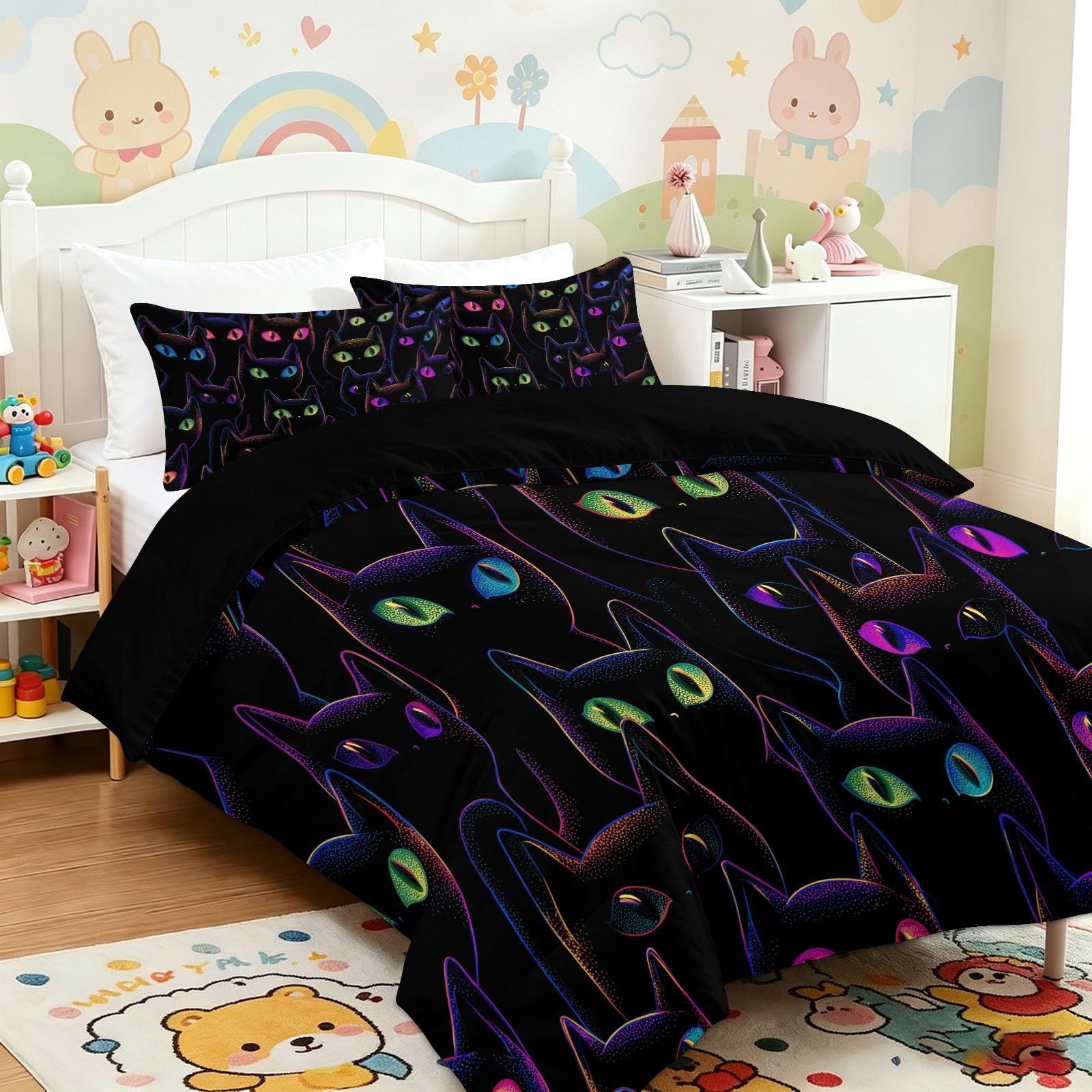 Juego de funda de edredón y 2 fundas de almohada de 50 x 75 cm, diseño de gato negro neón, microfibra suave y transpirable, 230 x 220 cm, diseño de gato negro neón
