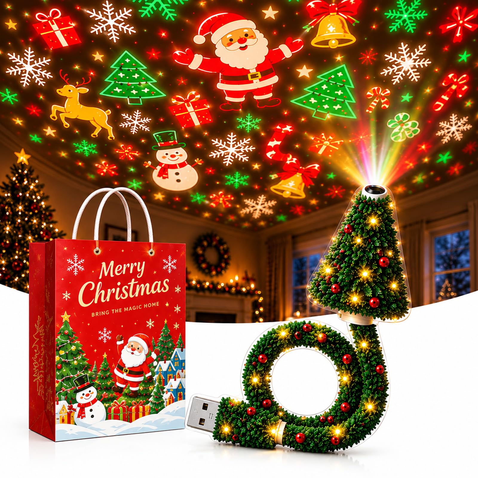 Christmas Projector Light, Plug and Play HD Christmas Projector, USB Powered Christmas Night Light with 6+ Holiday Patterns, Flexible Tree Lamp for Bedroom, Ceiling, Desk & Holiday Decor