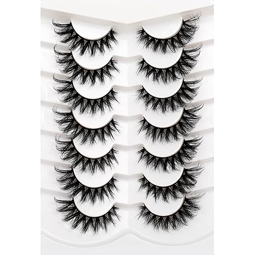 Pooplunch False Eyelashes Cat Eye Look 8D Crossed Wispy Natural Volume Faux Mink Lashes Fake Eyelashes Strips 7 Pairs Pack - Adore|10-16MM