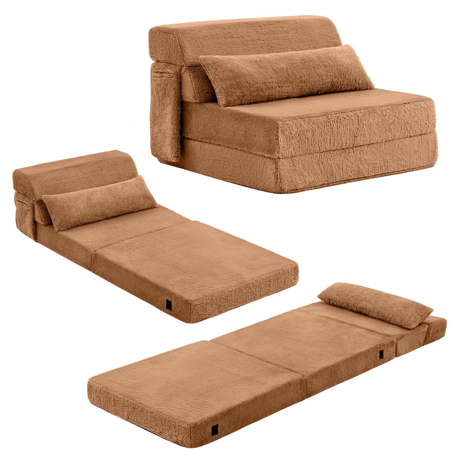 SESHINELL Folding Sofa Bed with Pillow, 4-in-1 Floor Couch Sleeper Chair, Fold Out Guest Mattress Chair Bed with Side Pocket, Boneless Couch for Living Room, Dorm, Home Office, 70X200X12.5CM, Brown