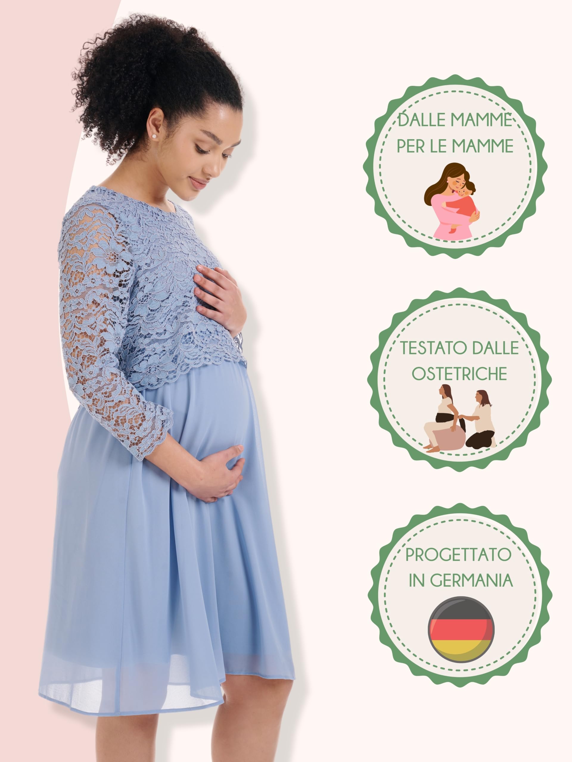 Herzmutter Abito Premaman Elegante - Abito Gravidanza Cerimonia - Abito Pizzo Chiffon - per Occasioni Festive-Feste di Nozze - Crema-Blu-Rosa - 6400