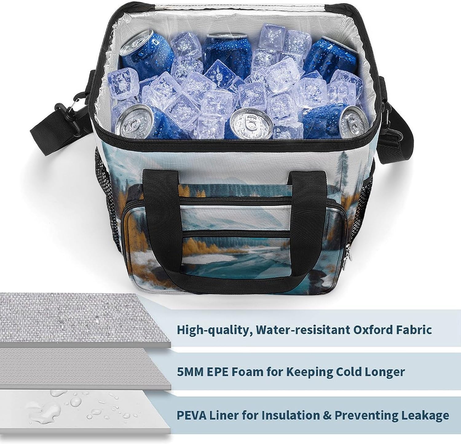 Camping Ice Pack, Winter Mountains Print Cooler Bag, 22.5L Large Capacity Insulated Lunch Tote Bag for Outdoor, Picnic, BBQ, Travel, Work