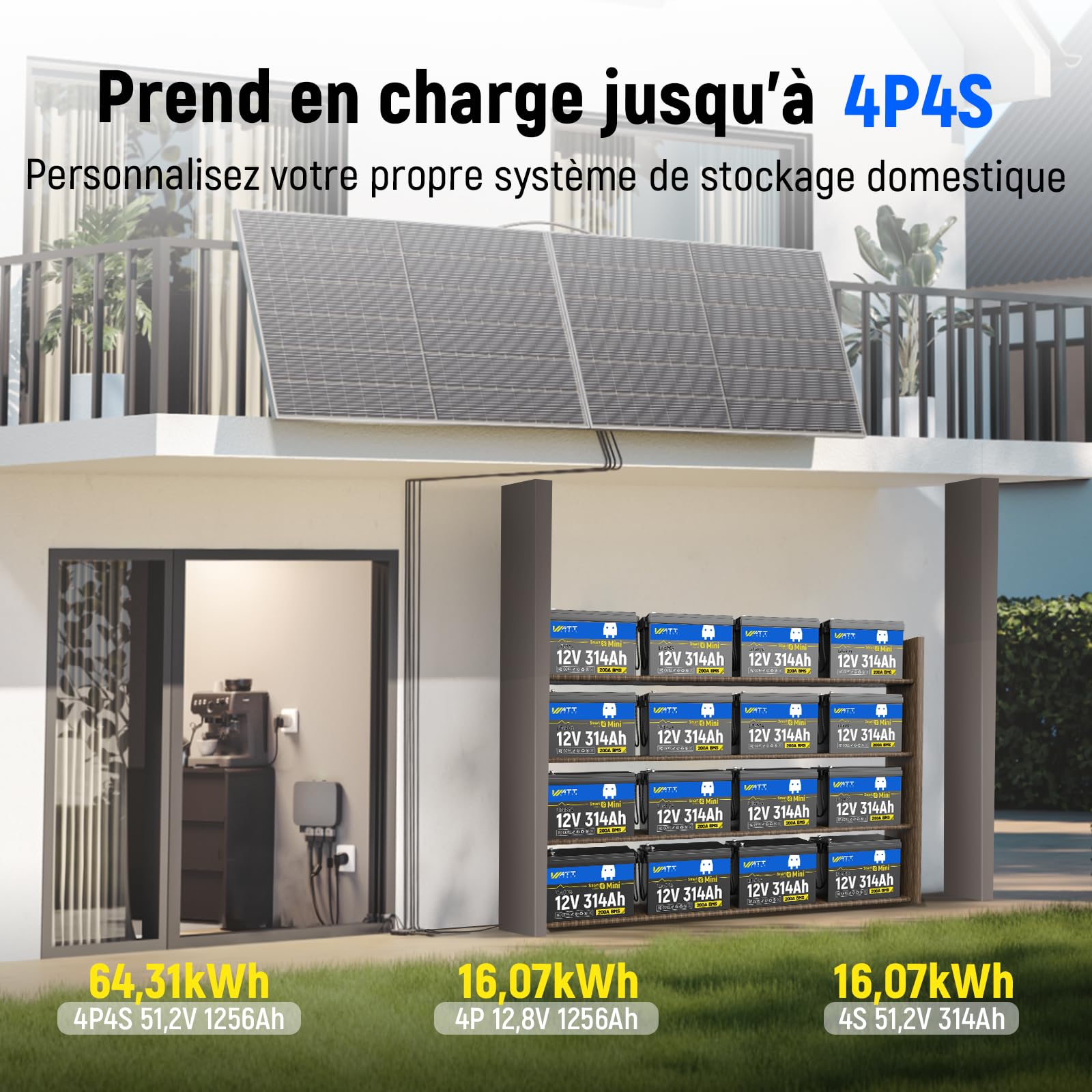 Pack de 2 Wattcycle Batteries Lithium 12V 314Ah LiFePO4 Bluetooth, Batteries Décharge Lente avec BMS 200A et Protection Anti-Froid, pour Solaire, Camping-Car et Marine