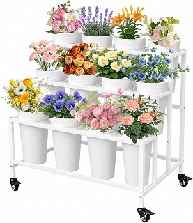 PROLEE Flower Display Stand with 12 Buckets, Flower Stand Metal with Wheels, Flower Cart 3 Layers, Flower Stand Metal with Wheels, Moving Florist Bouquet Shelf, Rectangular Rack, White