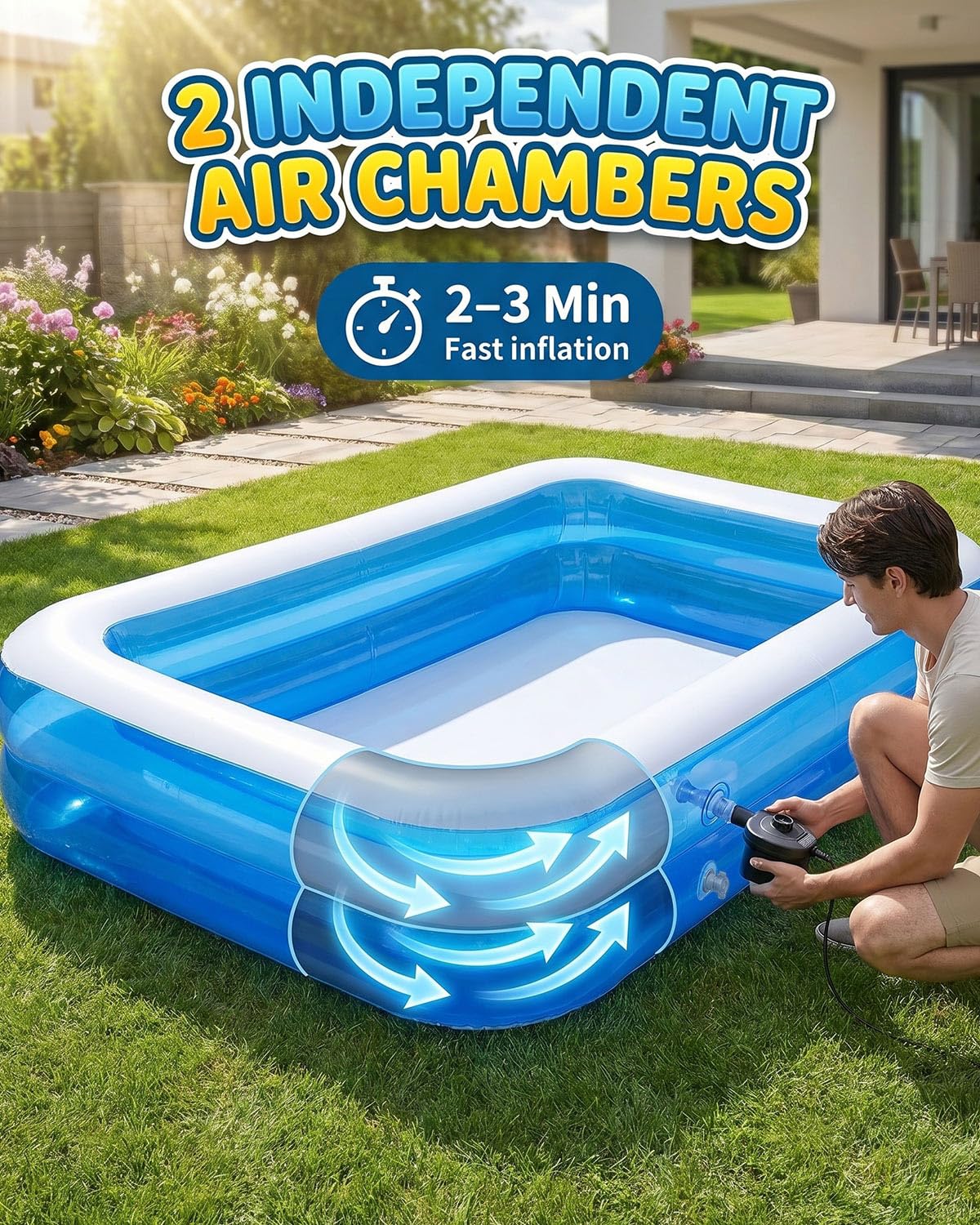 Piscina Hinchable 200x150x50cm PVC Rectangular–Piscina Inflable Familiar para Jardín Y Exterior, Piscina Hinchable Adultos, Bañera Hinchable Adulto, Piscinas Hinchables Verano