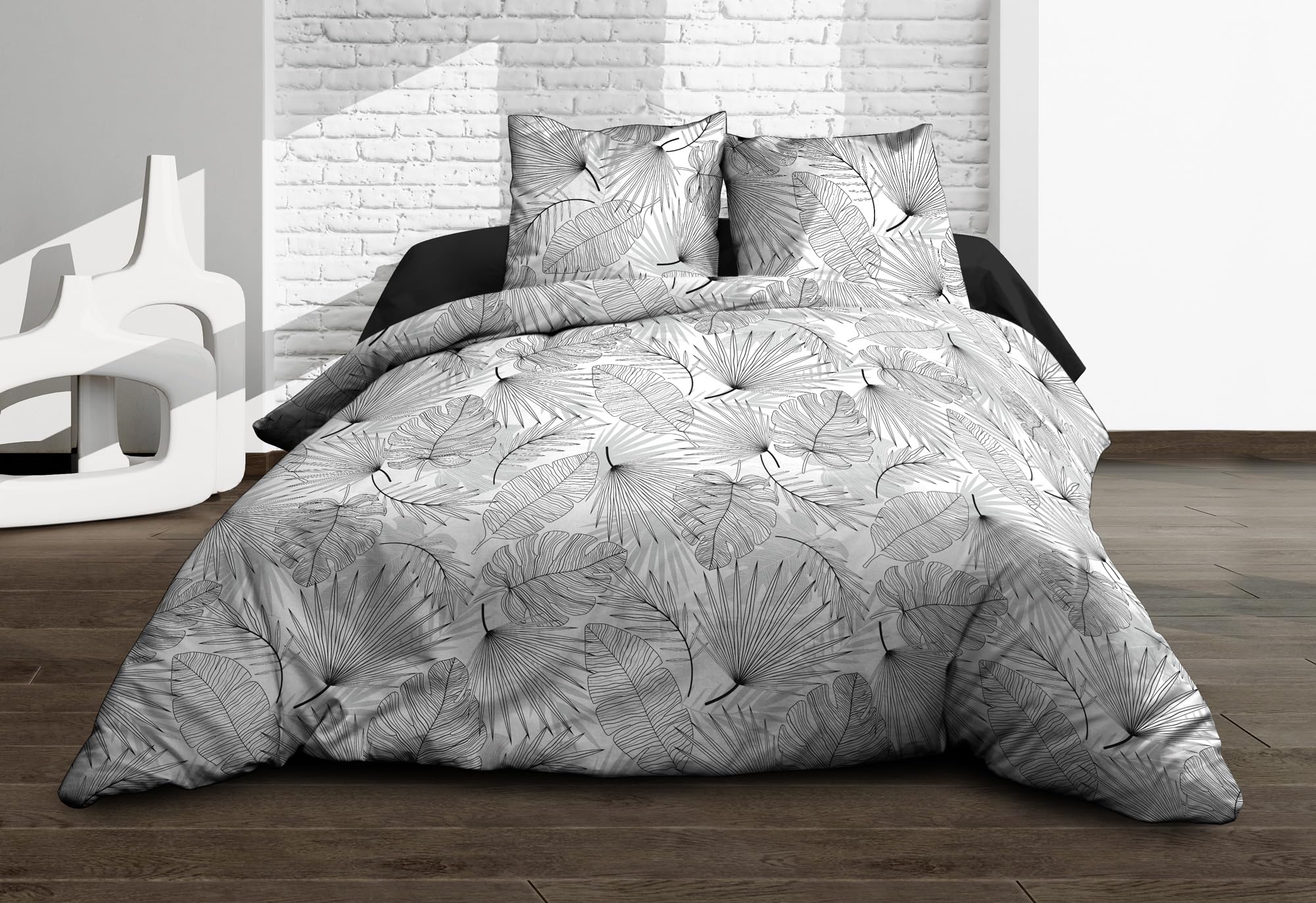 Housse de lit 240x260 + 2 taies - Pur coton 57 fil Olinda Gris - Homme Femme Famille - Repos Optimal - Set de lit Olinda