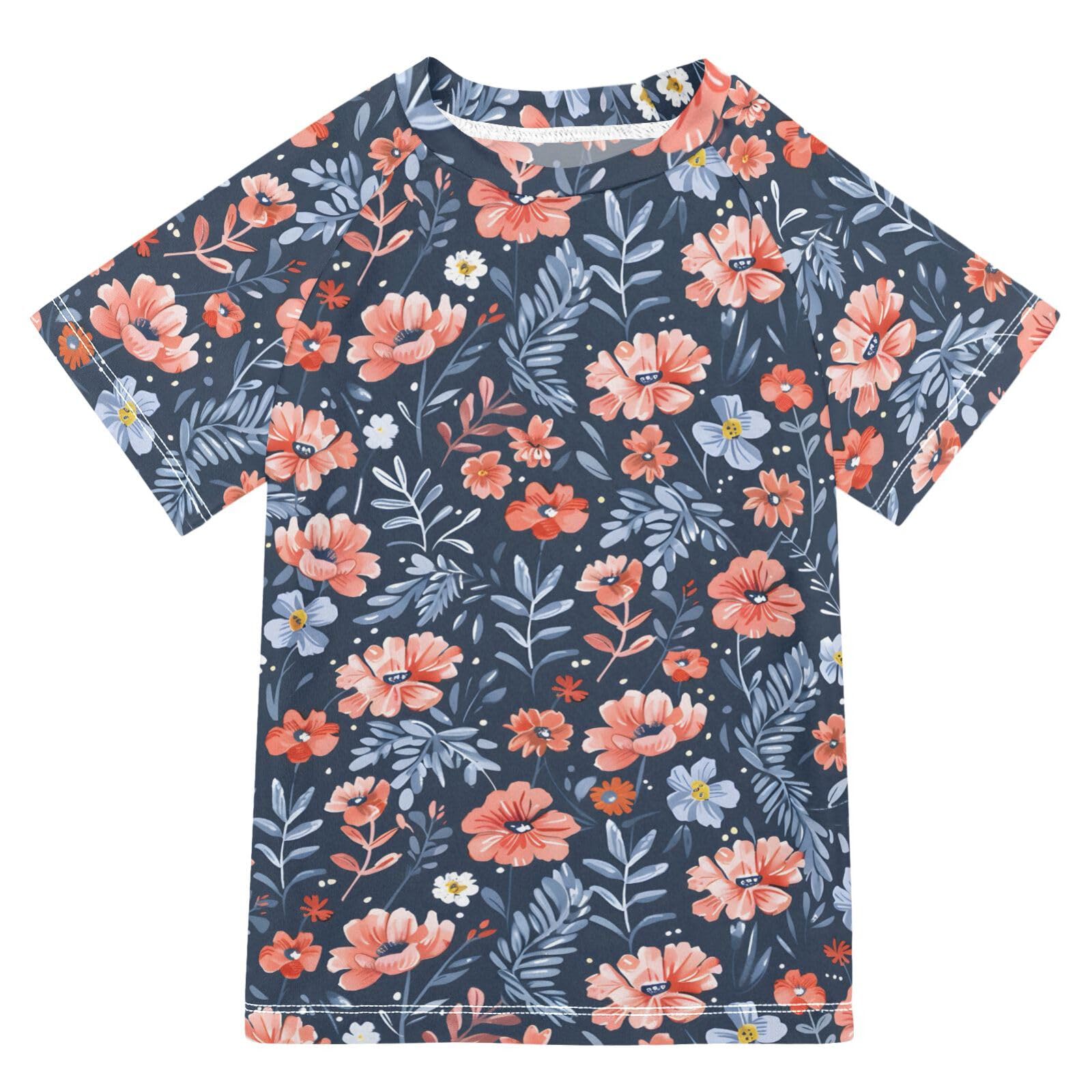 ALAZA Kids Rash Guard Boys Toddler Swim Shirts Short Sleeve Floral Dark UPF 50+ 3T