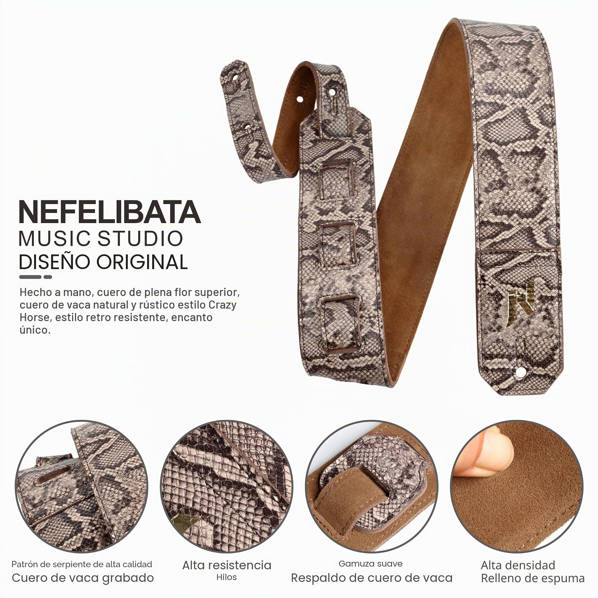 Nefelibata correa de guitarra, 2,3 pulgadas de grano de serpiente mano Cowhide correa de guitarra con acolchado para bajo, guitarras eléctricas y acústicas