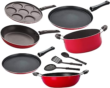 Nirlon Non Stick Aluminium Cookware Combo Essential Gift Set Item, Stain Resistance 9 Piece [26_FT12_FT13_KD14_UP_Cass20_TP24_3SPN]
