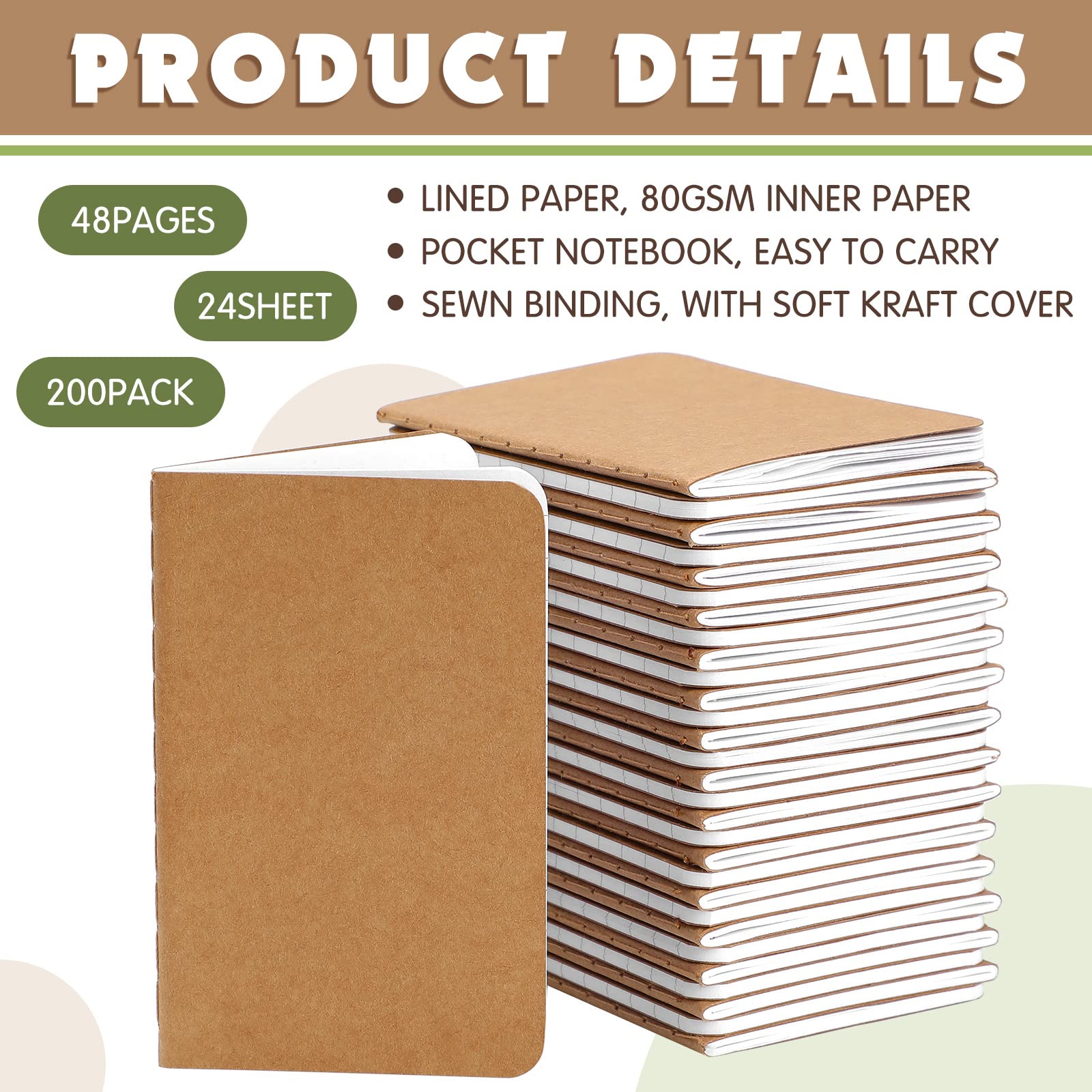 Harloon 200 Pack Pocket Notebook Softcover Mini Journals 2.5 x 4 Inches Small Notepad Mini Journal Kraft Brown Notebook Tiny Memo Notepad for Travel Diary Student Kid Office School, 24 Sheets/Pack